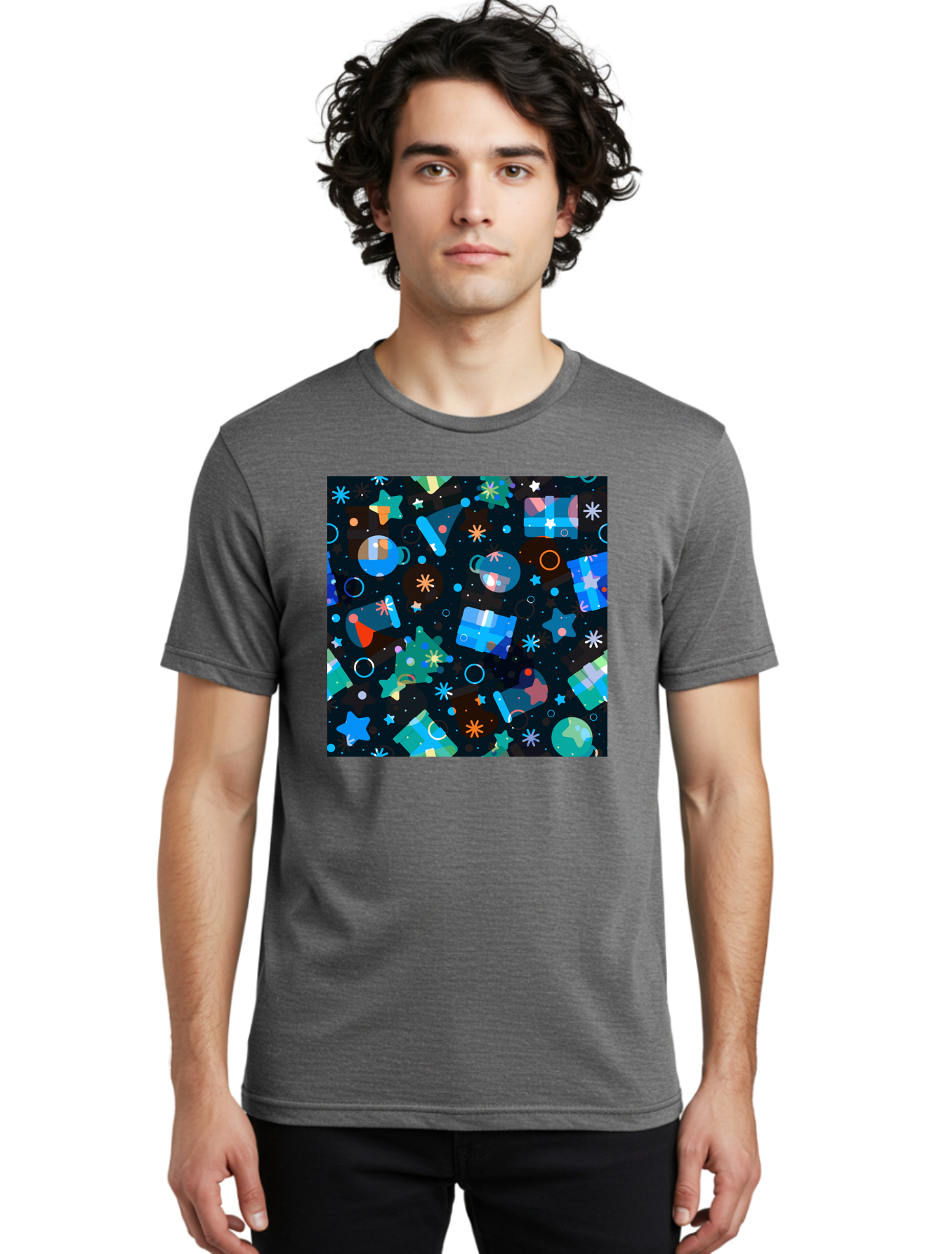 Christmas-Pattern Men'S Graphic Tee, 100% Cotton, Comfortable Casual Summer Wear, Machine Washable, Party Hats, Festive Decorations, Stars, Confetti, Balloons, Gift Boxes, Mug, Party Blowers, Celebratory Elements, Party Theme Aac385 22