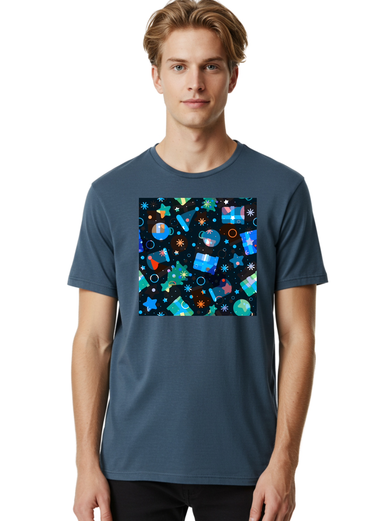 Christmas-Pattern Men'S Graphic Tee, 100% Cotton, Comfortable Casual Summer Wear, Machine Washable, Party Hats, Festive Decorations, Stars, Confetti, Balloons, Gift Boxes, Mug, Party Blowers, Celebratory Elements, Party Theme Aac385 16