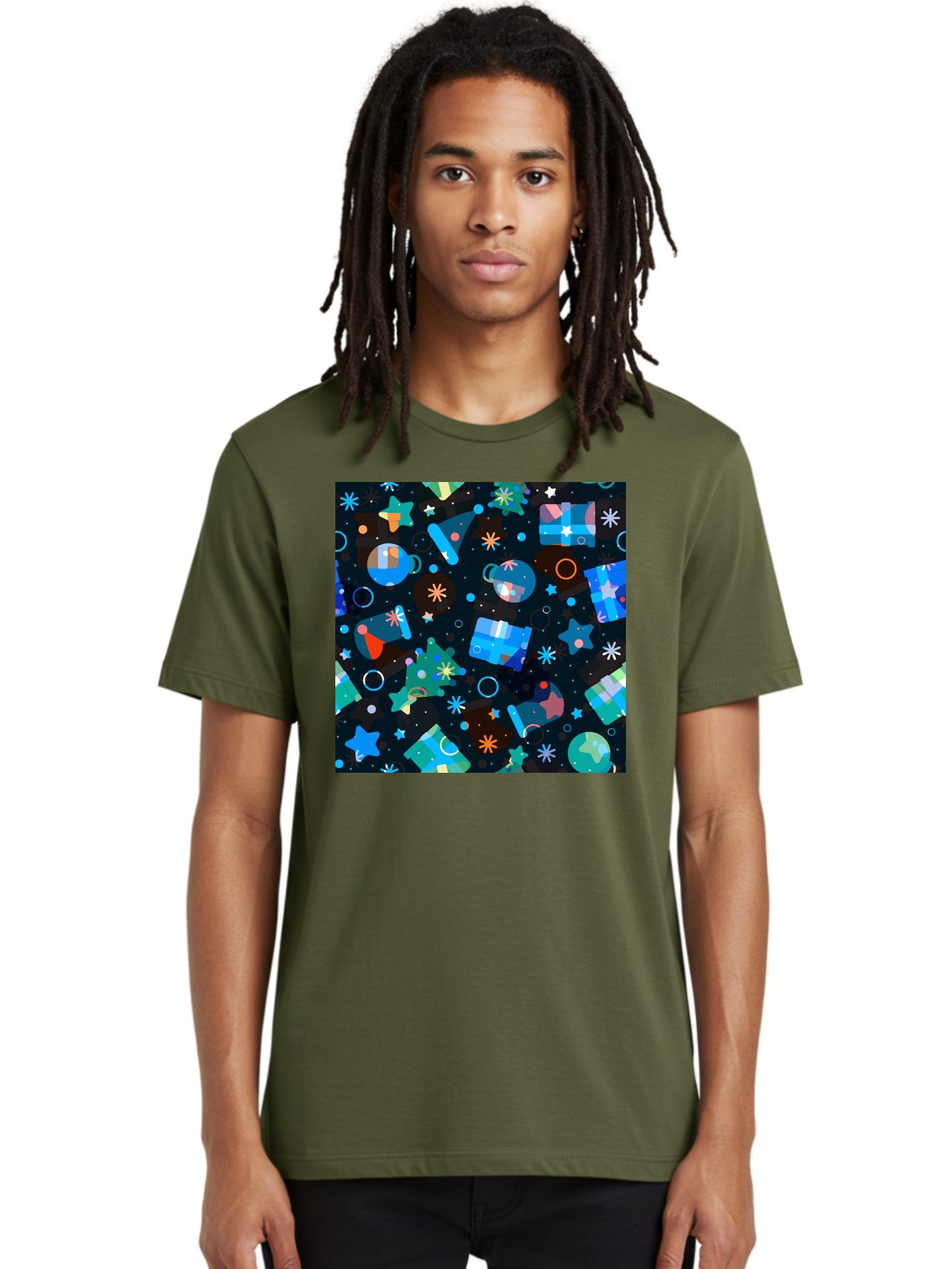 Christmas-Pattern Men'S Graphic Tee, 100% Cotton, Comfortable Casual Summer Wear, Machine Washable, Party Hats, Festive Decorations, Stars, Confetti, Balloons, Gift Boxes, Mug, Party Blowers, Celebratory Elements, Party Theme Aac385 18