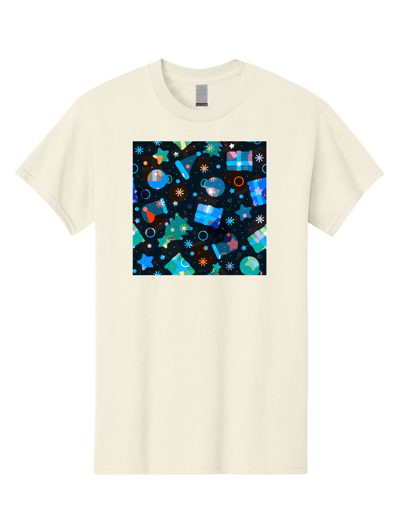 Christmas-Pattern Men'S Graphic Tee, 100% Cotton, Comfortable Casual Summer Wear, Machine Washable, Party Hats, Festive Decorations, Stars, Confetti, Balloons, Gift Boxes, Mug, Party Blowers, Celebratory Elements, Party Theme Aac385 5