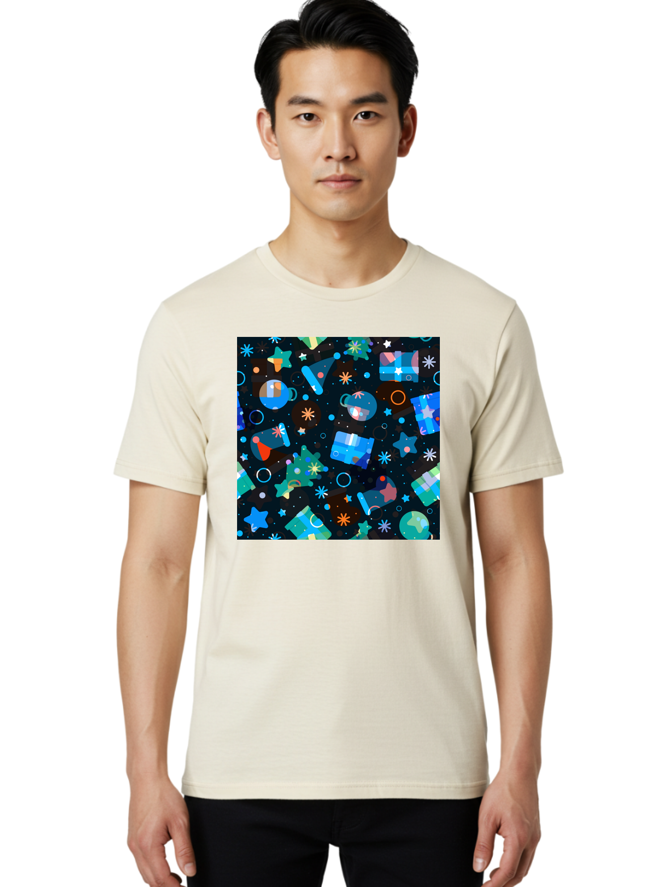 Christmas-Pattern Men'S Graphic Tee, 100% Cotton, Comfortable Casual Summer Wear, Machine Washable, Party Hats, Festive Decorations, Stars, Confetti, Balloons, Gift Boxes, Mug, Party Blowers, Celebratory Elements, Party Theme Aac385 6