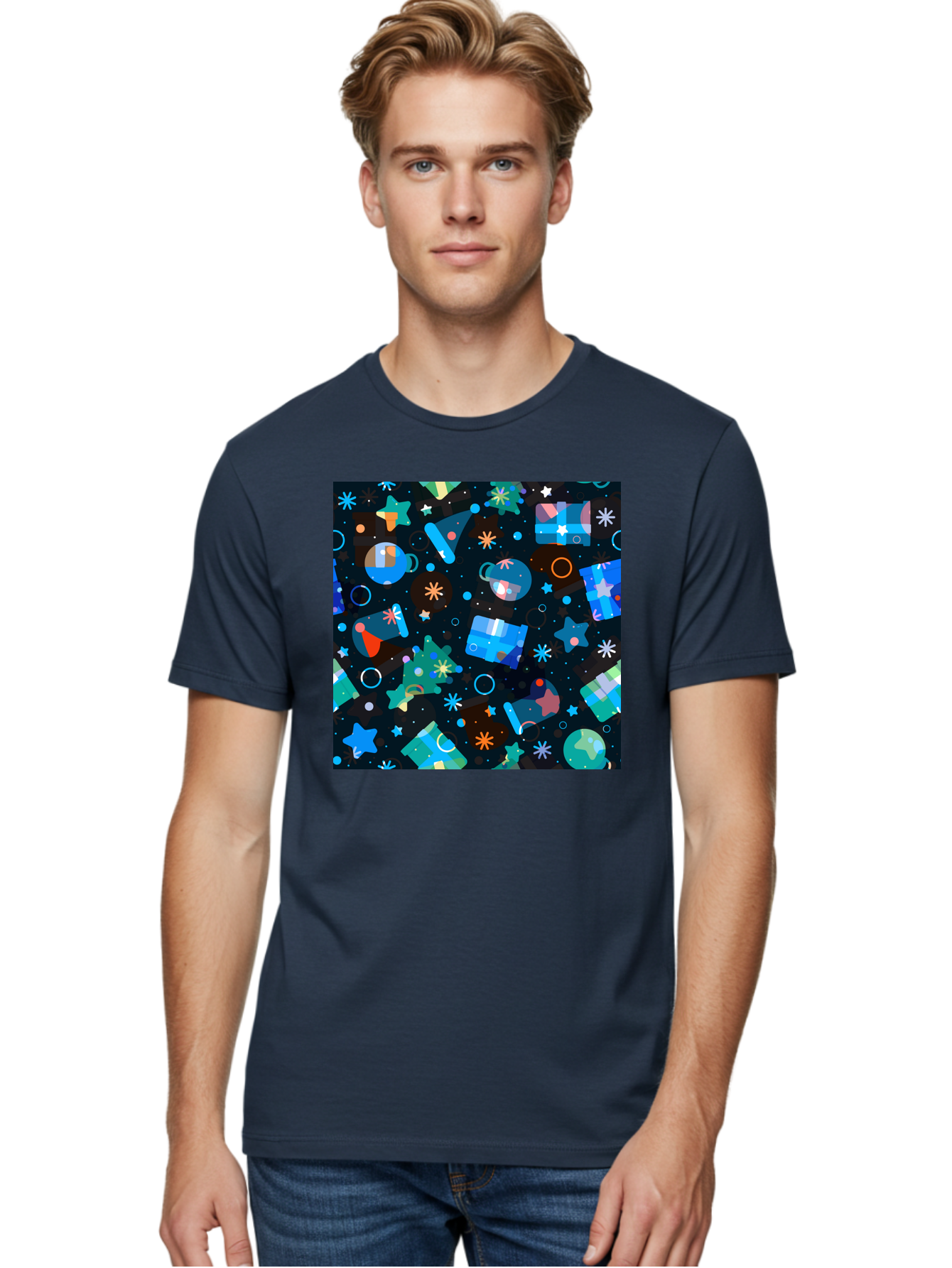 Christmas-Pattern Men'S Graphic Tee, 100% Cotton, Comfortable Casual Summer Wear, Machine Washable, Party Hats, Festive Decorations, Stars, Confetti, Balloons, Gift Boxes, Mug, Party Blowers, Celebratory Elements, Party Theme Aac385 28
