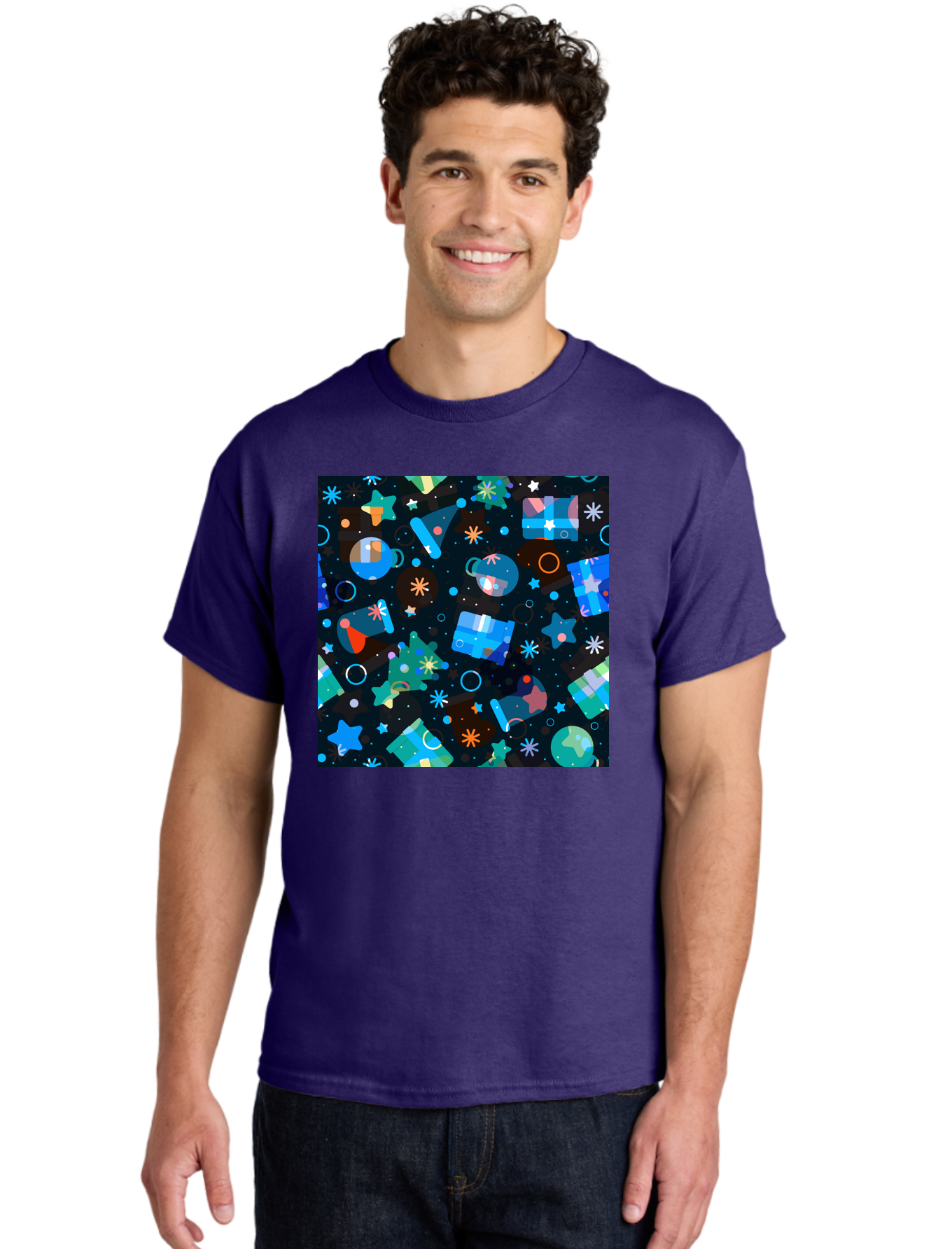 Christmas-Pattern Men'S Graphic Tee, 100% Cotton, Comfortable Casual Summer Wear, Machine Washable, Party Hats, Festive Decorations, Stars, Confetti, Balloons, Gift Boxes, Mug, Party Blowers, Celebratory Elements, Party Theme Aac385 30