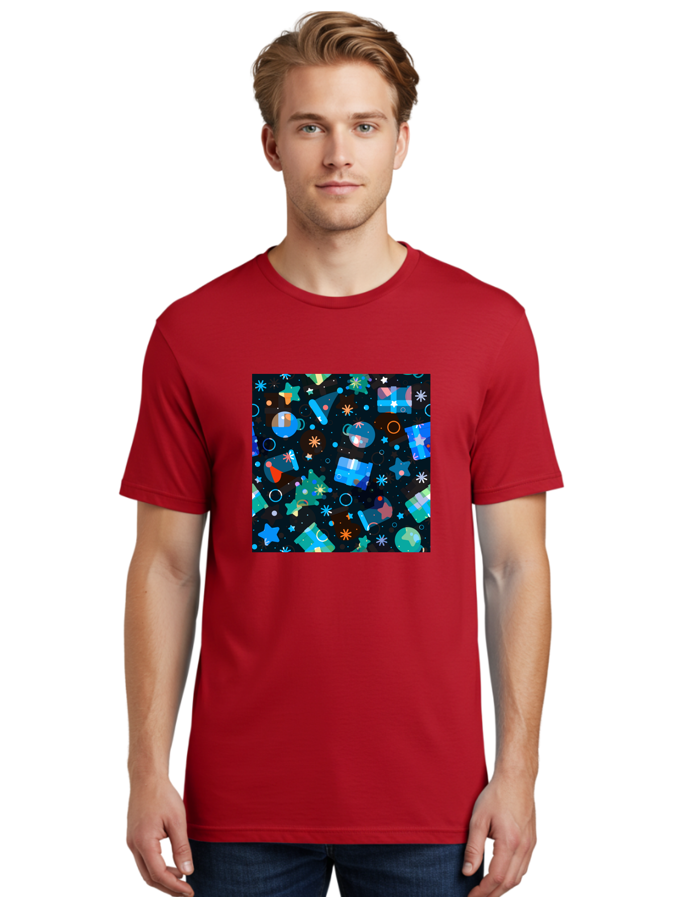 Christmas-Pattern Men'S Graphic Tee, 100% Cotton, Comfortable Casual Summer Wear, Machine Washable, Party Hats, Festive Decorations, Stars, Confetti, Balloons, Gift Boxes, Mug, Party Blowers, Celebratory Elements, Party Theme Aac385 26