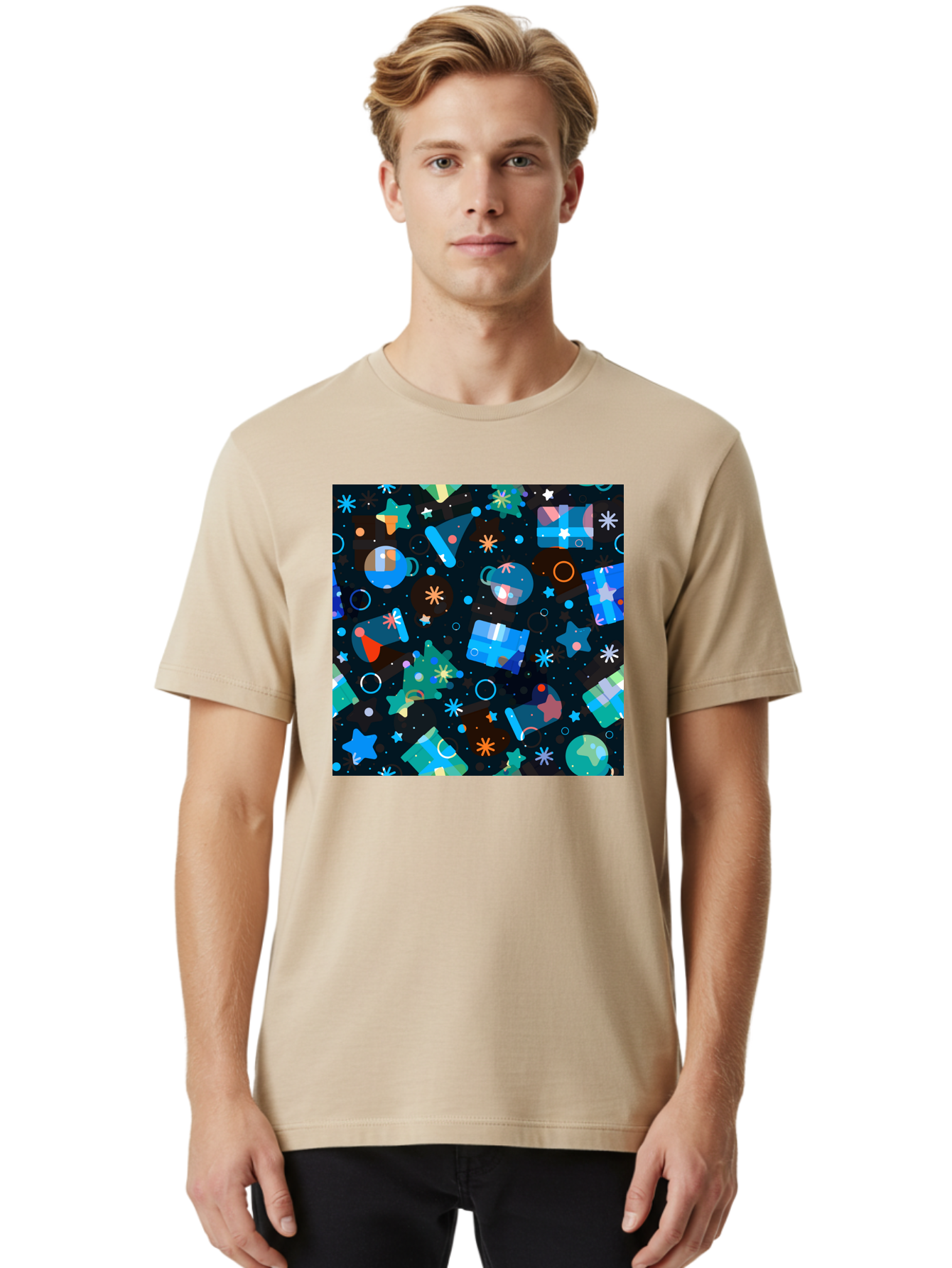 Christmas-Pattern Men'S Graphic Tee, 100% Cotton, Comfortable Casual Summer Wear, Machine Washable, Party Hats, Festive Decorations, Stars, Confetti, Balloons, Gift Boxes, Mug, Party Blowers, Celebratory Elements, Party Theme Aac385 10