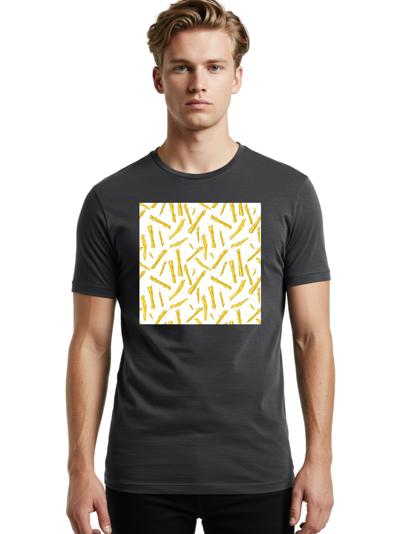 French-Fries-Pattern Men'S Graphic Tee, 100% Cotton, Comfortable Casual Summer Wear, Machine Washable, French Fries Pattern, Yellow Fries, White Background, Food Design, Snack Pattern, Restaurant Theme, Casual Dining, Appetizing Visuals, Aac393 2