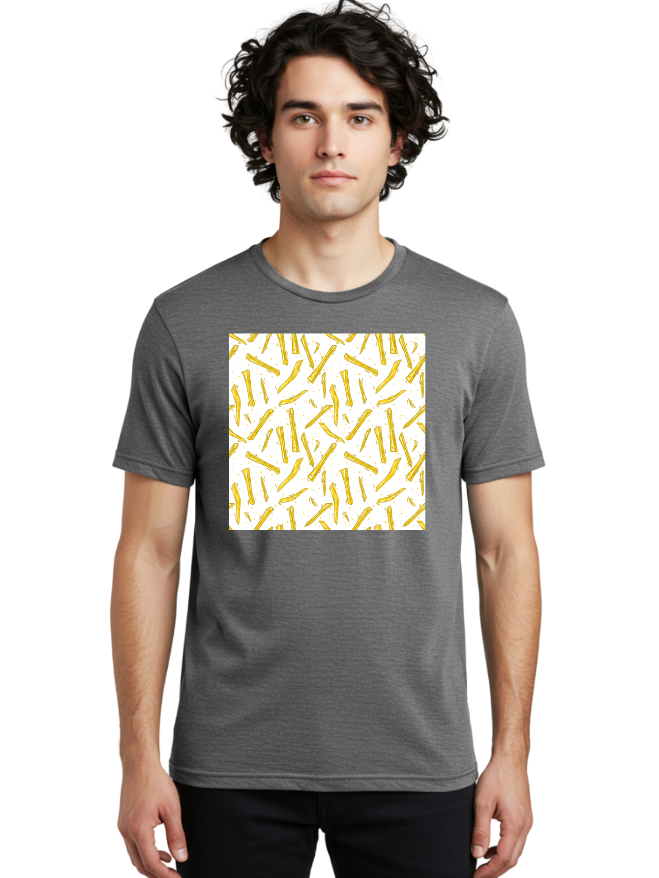 French-Fries-Pattern Men'S Graphic Tee, 100% Cotton, Comfortable Casual Summer Wear, Machine Washable, French Fries Pattern, Yellow Fries, White Background, Food Design, Snack Pattern, Restaurant Theme, Casual Dining, Appetizing Visuals, Aac393 4