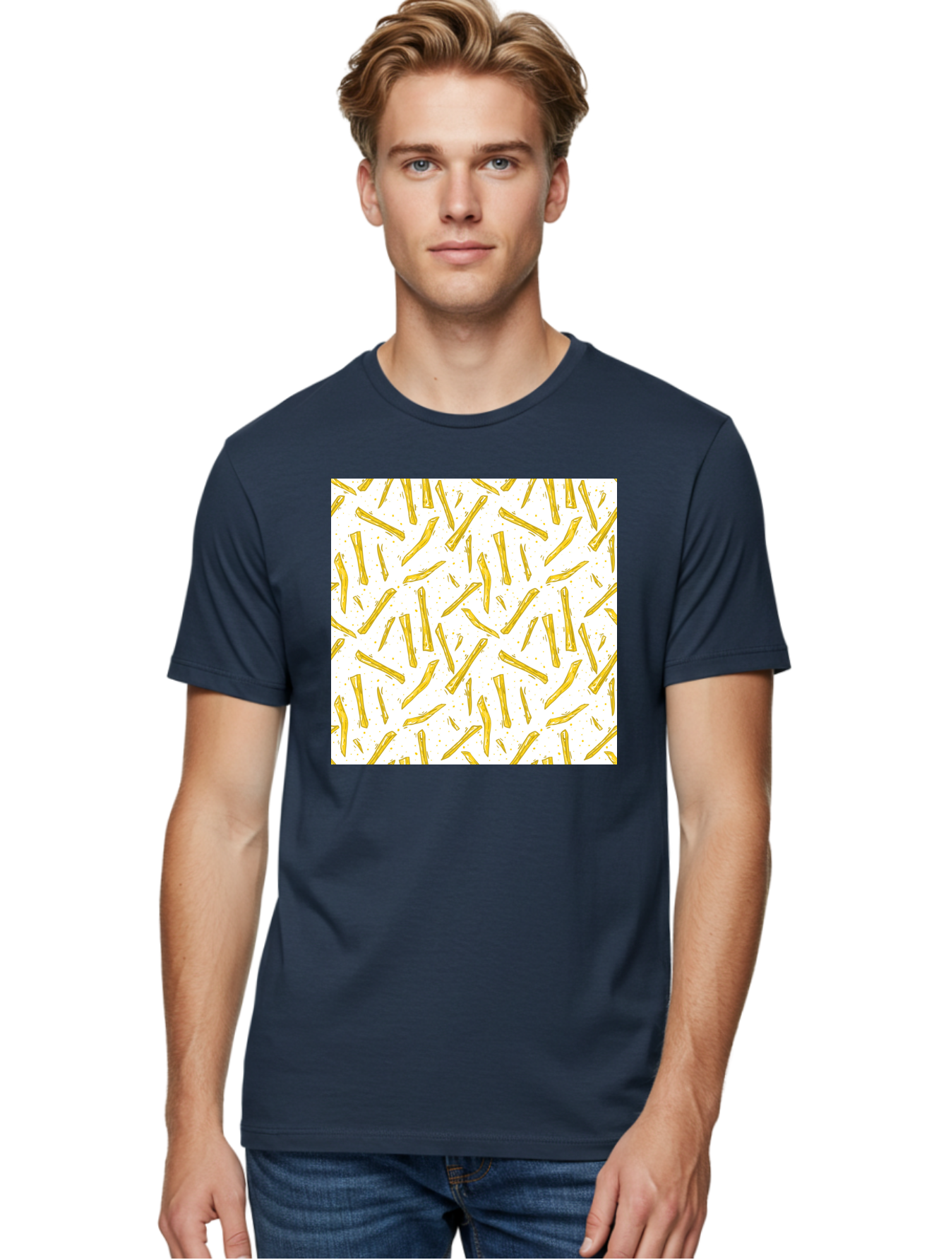 French-Fries-Pattern Men'S Graphic Tee, 100% Cotton, Comfortable Casual Summer Wear, Machine Washable, French Fries Pattern, Yellow Fries, White Background, Food Design, Snack Pattern, Restaurant Theme, Casual Dining, Appetizing Visuals, Aac393 8