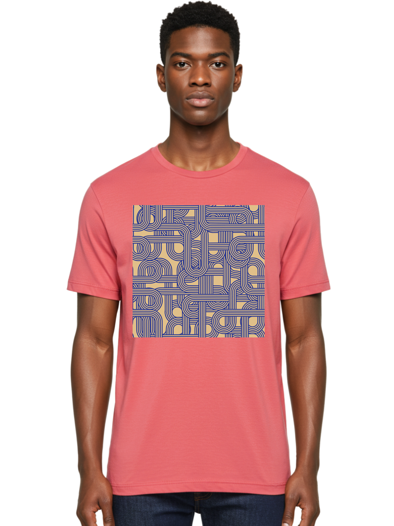 Interconnected-Lines Men'S Graphic Tee, 100% Cotton, Comfortable Casual Summer Wear, Machine Washable, Geometric Pattern, Abstract Design, Intricate Details, Blue And Yellow Colors, Modern Art, Seamless Texture, Repeating Shapes, Aac397 12