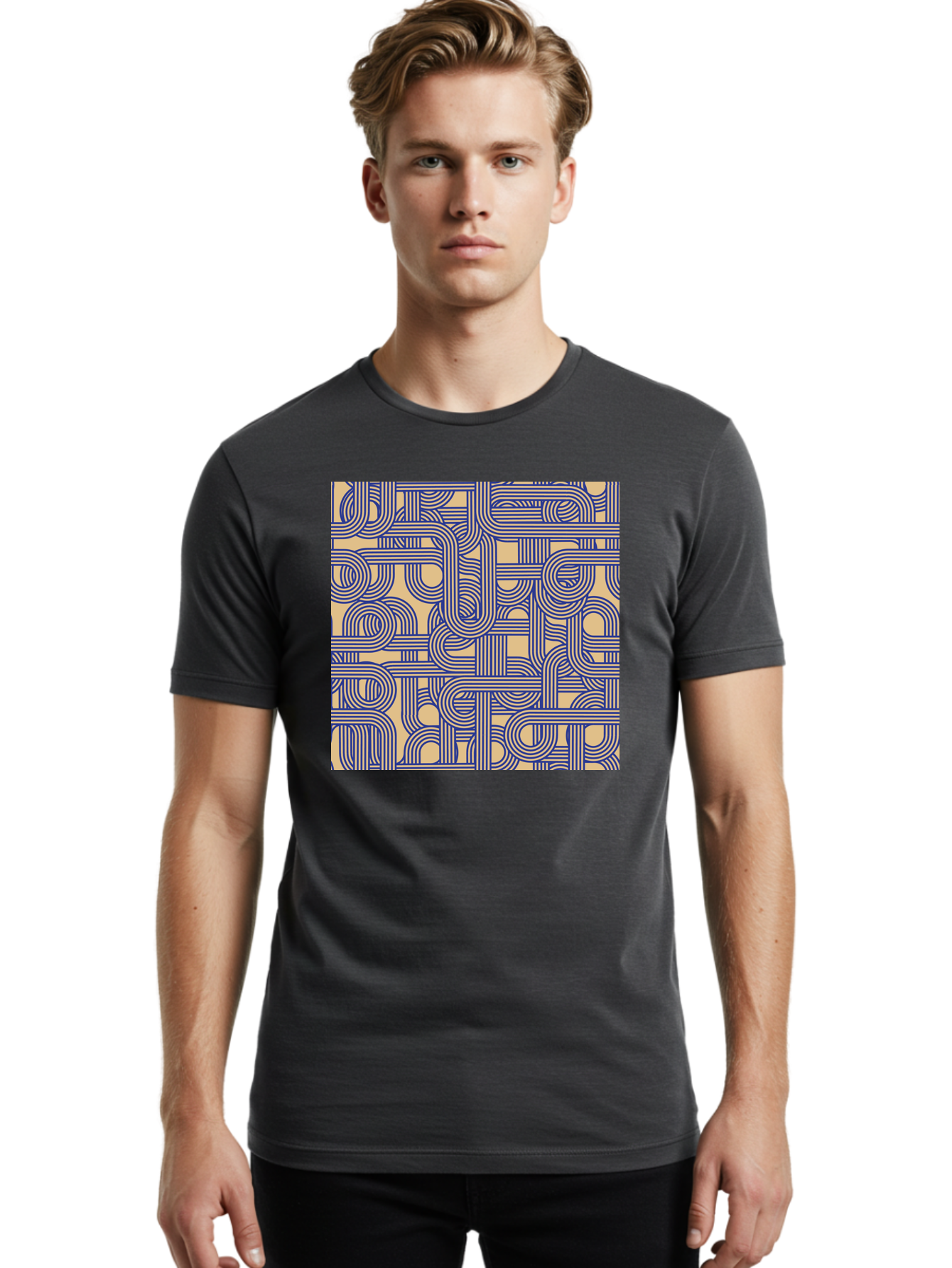 Interconnected-Lines Men'S Graphic Tee, 100% Cotton, Comfortable Casual Summer Wear, Machine Washable, Geometric Pattern, Abstract Design, Intricate Details, Blue And Yellow Colors, Modern Art, Seamless Texture, Repeating Shapes, Aac397 30