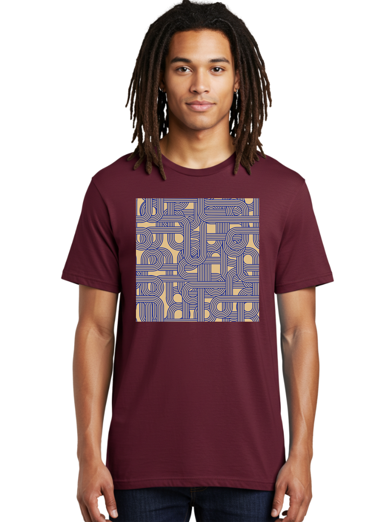 Interconnected-Lines Men'S Graphic Tee, 100% Cotton, Comfortable Casual Summer Wear, Machine Washable, Geometric Pattern, Abstract Design, Intricate Details, Blue And Yellow Colors, Modern Art, Seamless Texture, Repeating Shapes, Aac397 22