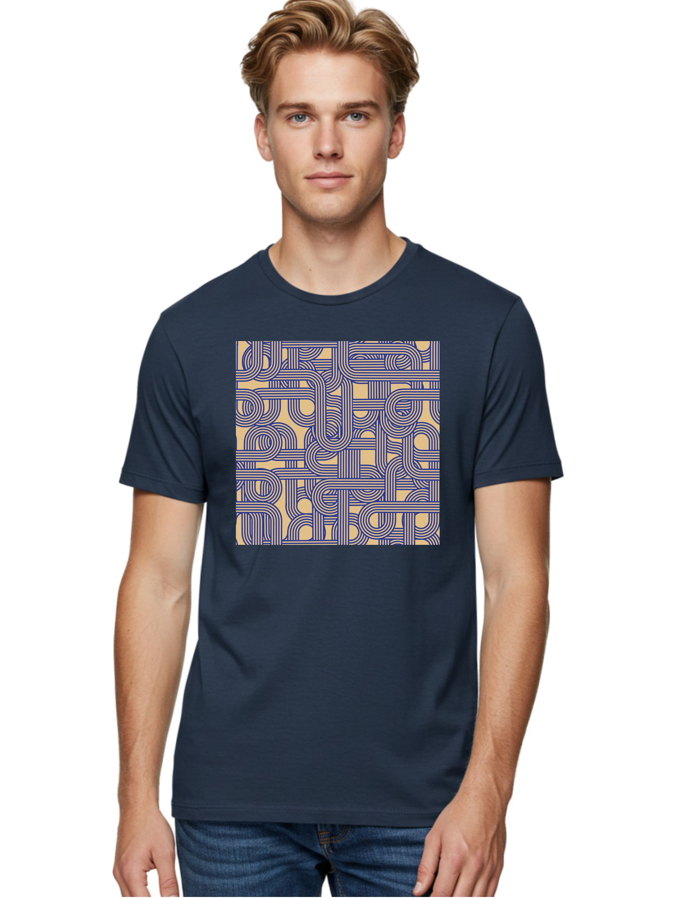 Interconnected-Lines Men'S Graphic Tee, 100% Cotton, Comfortable Casual Summer Wear, Machine Washable, Geometric Pattern, Abstract Design, Intricate Details, Blue And Yellow Colors, Modern Art, Seamless Texture, Repeating Shapes, Aac397 14