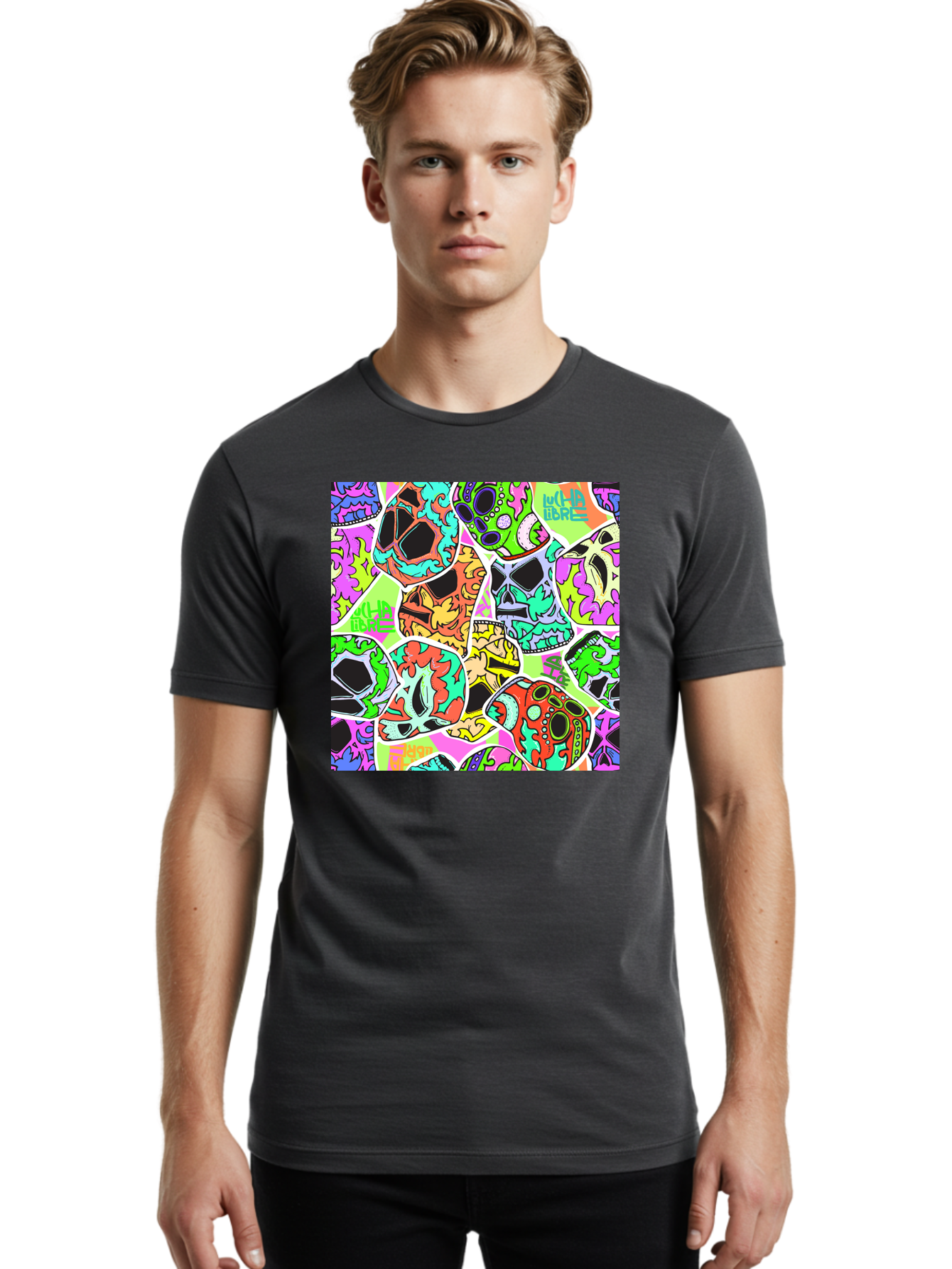 Lull-Em-Bars-Sugar-Skulls Men'S Graphic Tee, 100% Cotton, Comfortable Casual Summer Wear, Machine Washable, Psychedelic Skulls, Vibrant Colors, Floral Patterns, Abstract Designs, Colorful Artwork, Skull Art, Digital Illustration, Lull 'Em Bars Aac403 4