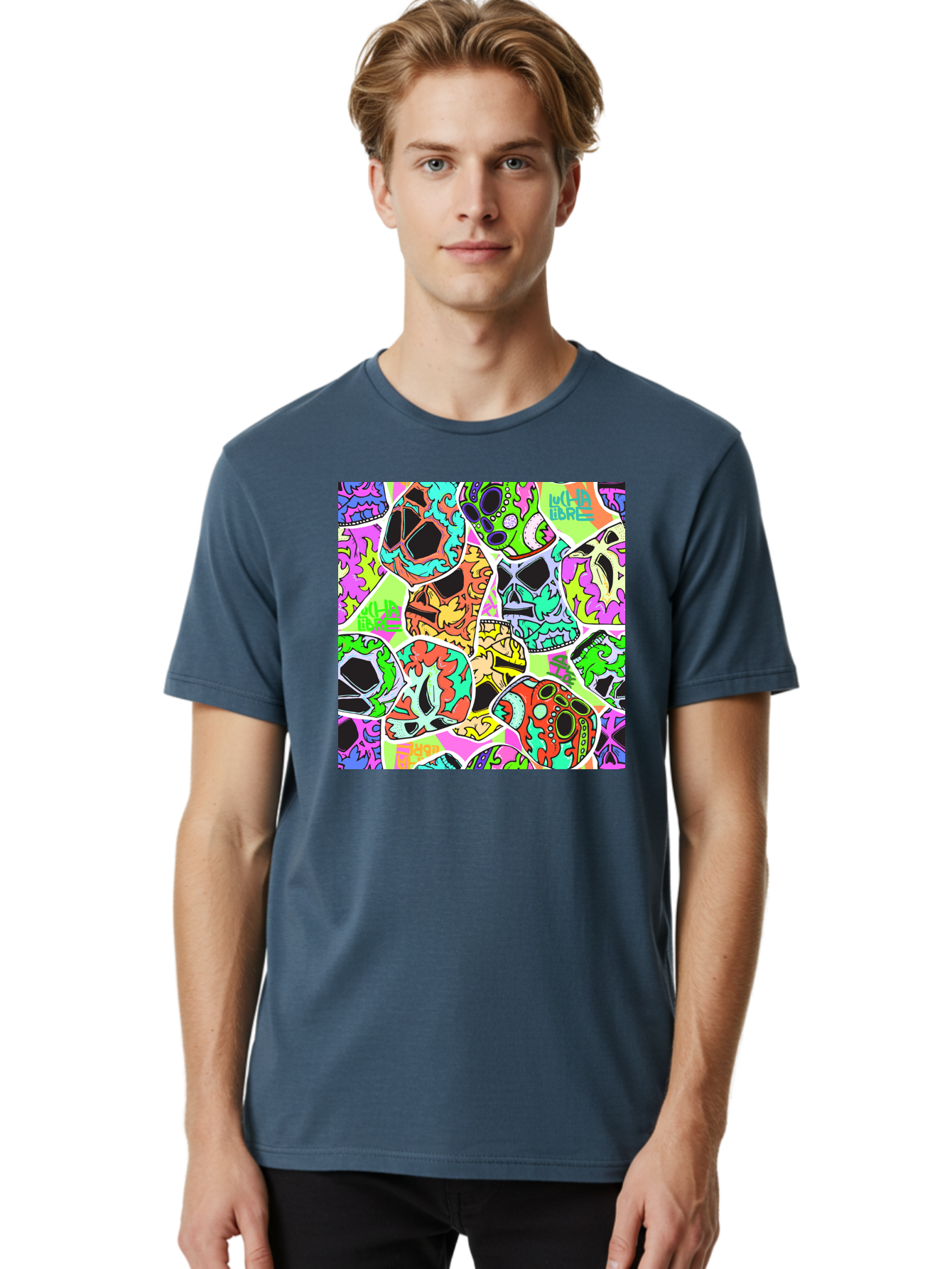 Lull-Em-Bars-Sugar-Skulls Men'S Graphic Tee, 100% Cotton, Comfortable Casual Summer Wear, Machine Washable, Psychedelic Skulls, Vibrant Colors, Floral Patterns, Abstract Designs, Colorful Artwork, Skull Art, Digital Illustration, Lull 'Em Bars Aac403 30