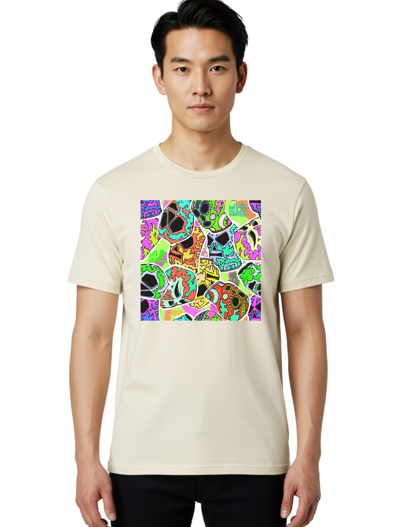 Lull-Em-Bars-Sugar-Skulls Men'S Graphic Tee, 100% Cotton, Comfortable Casual Summer Wear, Machine Washable, Psychedelic Skulls, Vibrant Colors, Floral Patterns, Abstract Designs, Colorful Artwork, Skull Art, Digital Illustration, Lull 'Em Bars Aac403 24