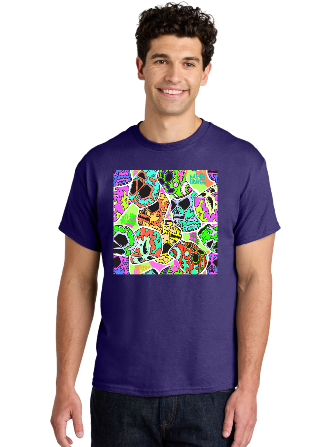 Lull-Em-Bars-Sugar-Skulls Men'S Graphic Tee, 100% Cotton, Comfortable Casual Summer Wear, Machine Washable, Psychedelic Skulls, Vibrant Colors, Floral Patterns, Abstract Designs, Colorful Artwork, Skull Art, Digital Illustration, Lull 'Em Bars Aac403 2