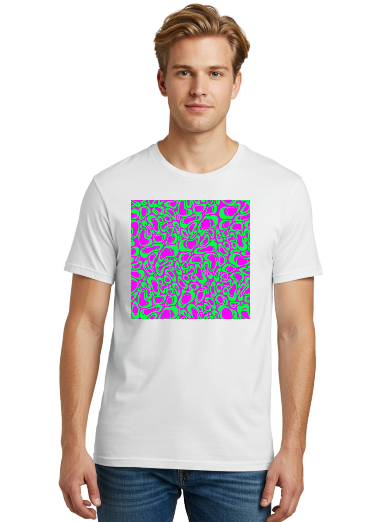 Magenta-And-Green-Pattern Men'S Graphic Tee, 100% Cotton, Comfortable Casual Summer Wear, Machine Washable, Leopard Print Pattern, Animal Print Design, Vibrant Colors, Bold Fashion Statement, Abstract Texture, Colorful Graphic Aac404 6