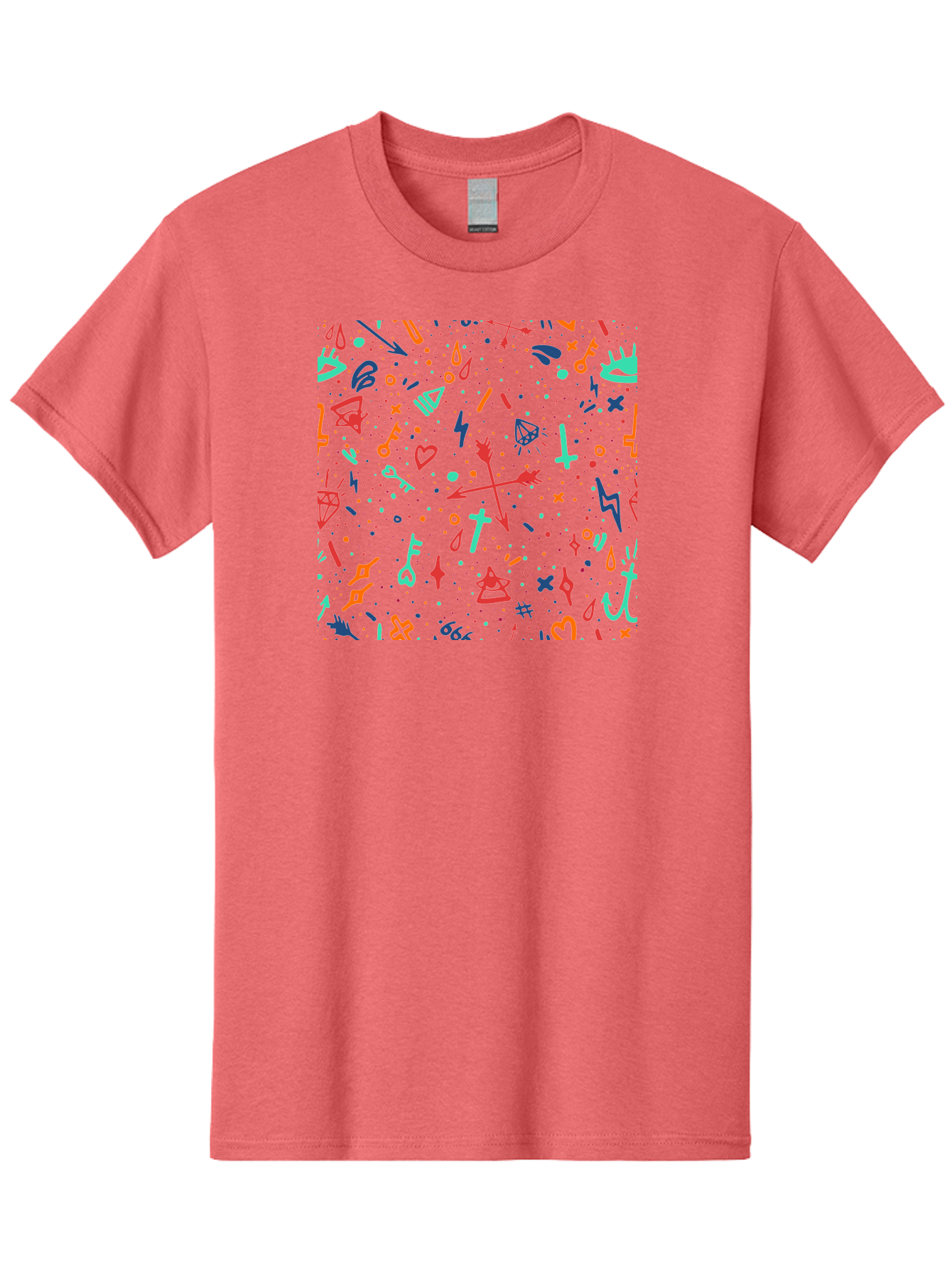 Memphis-Pattern Men'S Graphic Tee, 100% Cotton, Comfortable Casual Summer Wear, Machine Washable, Symbolic Patterns, Mystical Symbols, Occult Designs, Magical Elements, Daggers, Keys, Hearts, Stars, Mystical Themes, Spiritual Motifs, Aac405 15