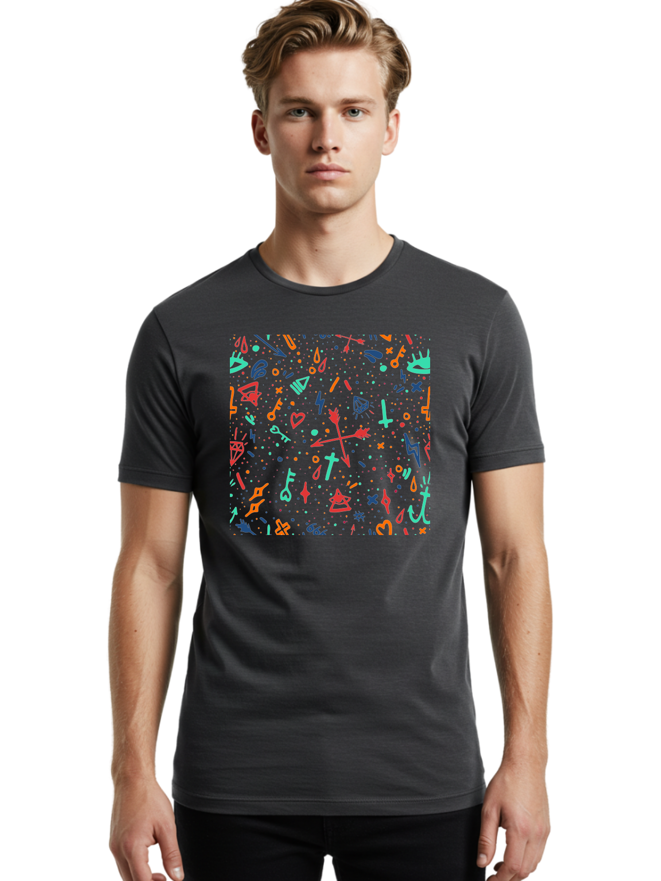 Memphis-Pattern Men'S Graphic Tee, 100% Cotton, Comfortable Casual Summer Wear, Machine Washable, Symbolic Patterns, Mystical Symbols, Occult Designs, Magical Elements, Daggers, Keys, Hearts, Stars, Mystical Themes, Spiritual Motifs, Aac405 14