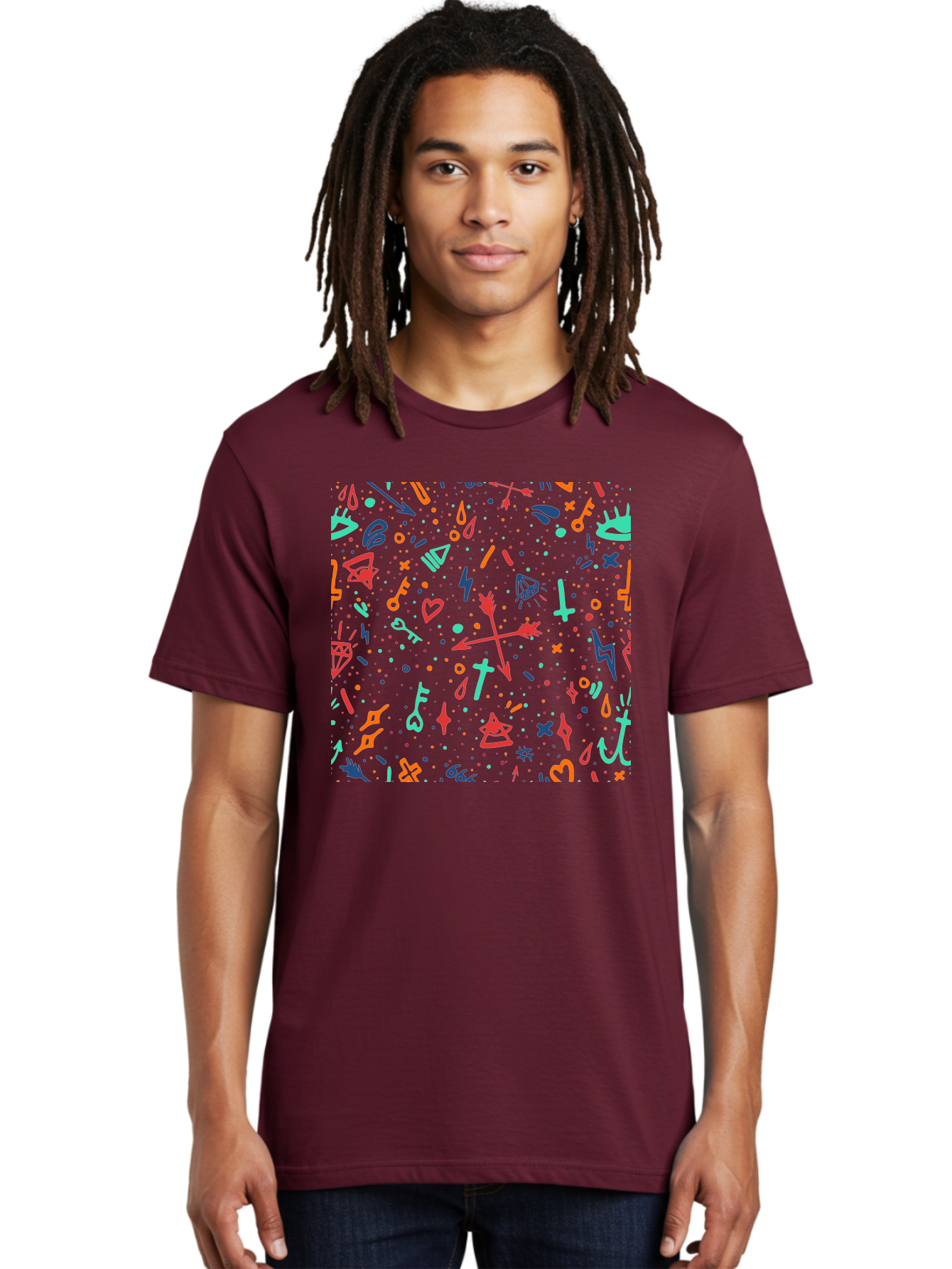 Memphis-Pattern Men'S Graphic Tee, 100% Cotton, Comfortable Casual Summer Wear, Machine Washable, Symbolic Patterns, Mystical Symbols, Occult Designs, Magical Elements, Daggers, Keys, Hearts, Stars, Mystical Themes, Spiritual Motifs, Aac405 6