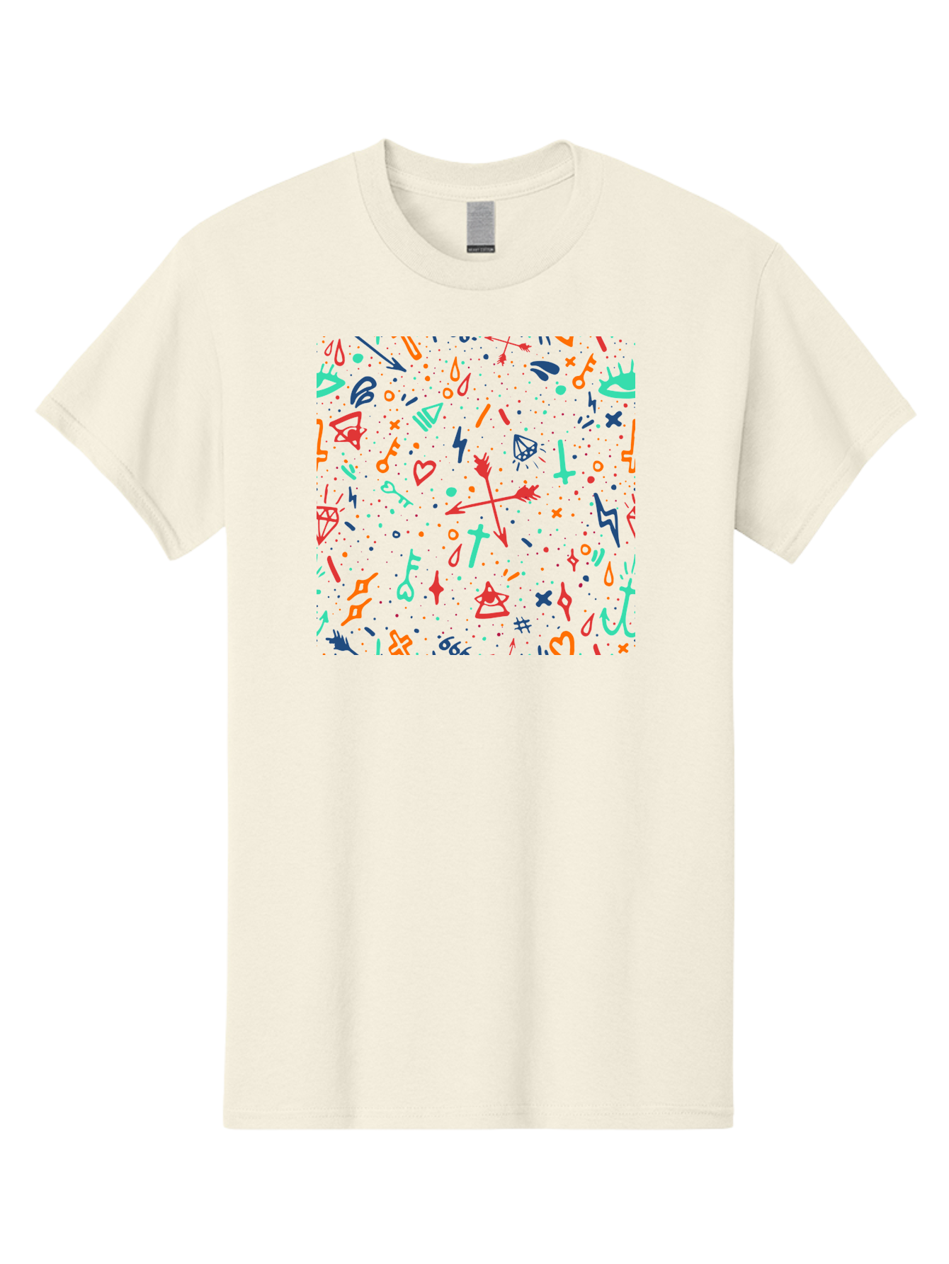 Memphis-Pattern Men'S Graphic Tee, 100% Cotton, Comfortable Casual Summer Wear, Machine Washable, Symbolic Patterns, Mystical Symbols, Occult Designs, Magical Elements, Daggers, Keys, Hearts, Stars, Mystical Themes, Spiritual Motifs, Aac405 11