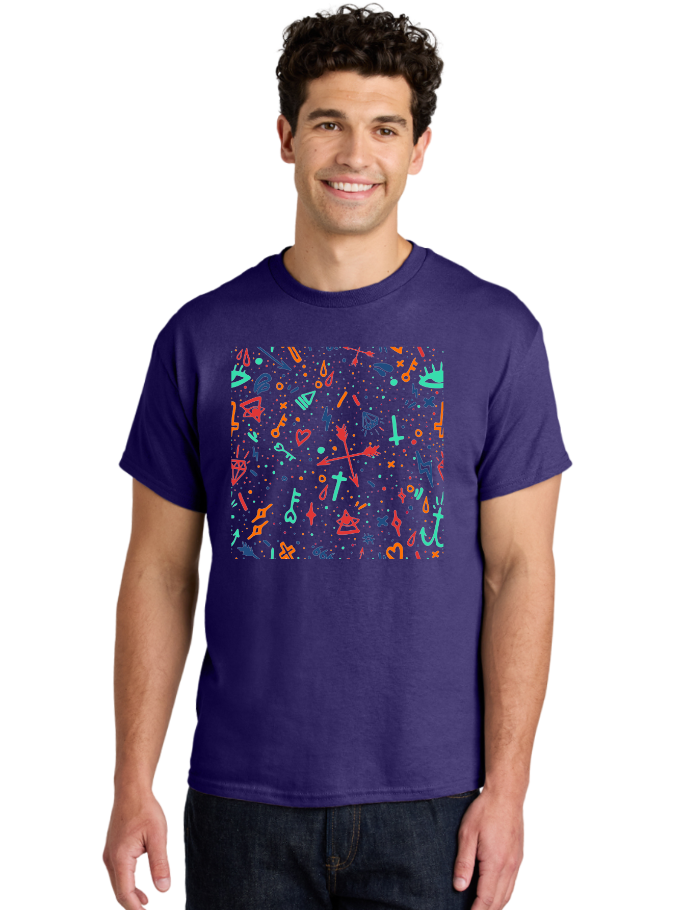 Memphis-Pattern Men'S Graphic Tee, 100% Cotton, Comfortable Casual Summer Wear, Machine Washable, Symbolic Patterns, Mystical Symbols, Occult Designs, Magical Elements, Daggers, Keys, Hearts, Stars, Mystical Themes, Spiritual Motifs, Aac405 30
