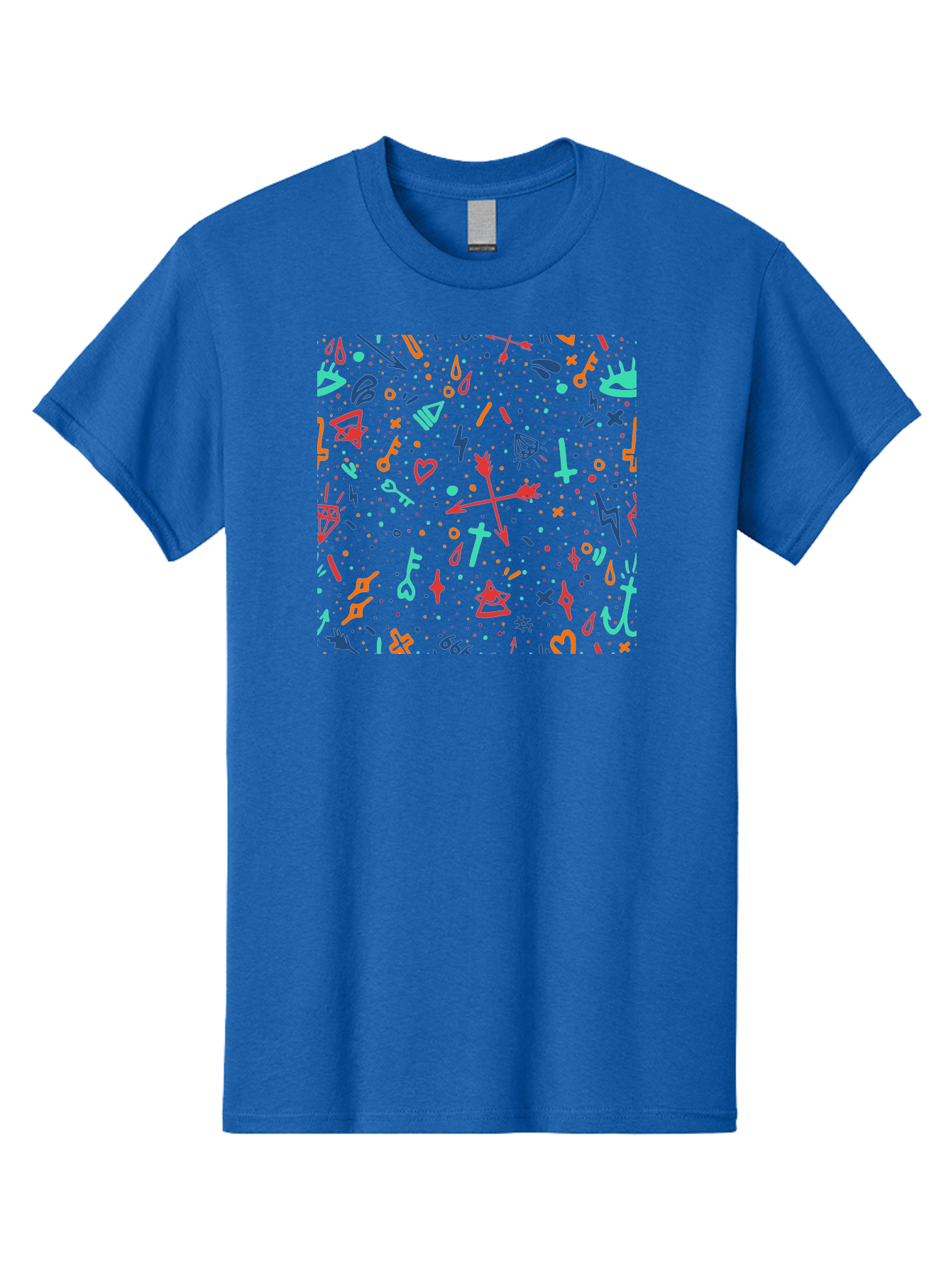 Memphis-Pattern Men'S Graphic Tee, 100% Cotton, Comfortable Casual Summer Wear, Machine Washable, Symbolic Patterns, Mystical Symbols, Occult Designs, Magical Elements, Daggers, Keys, Hearts, Stars, Mystical Themes, Spiritual Motifs, Aac405 1