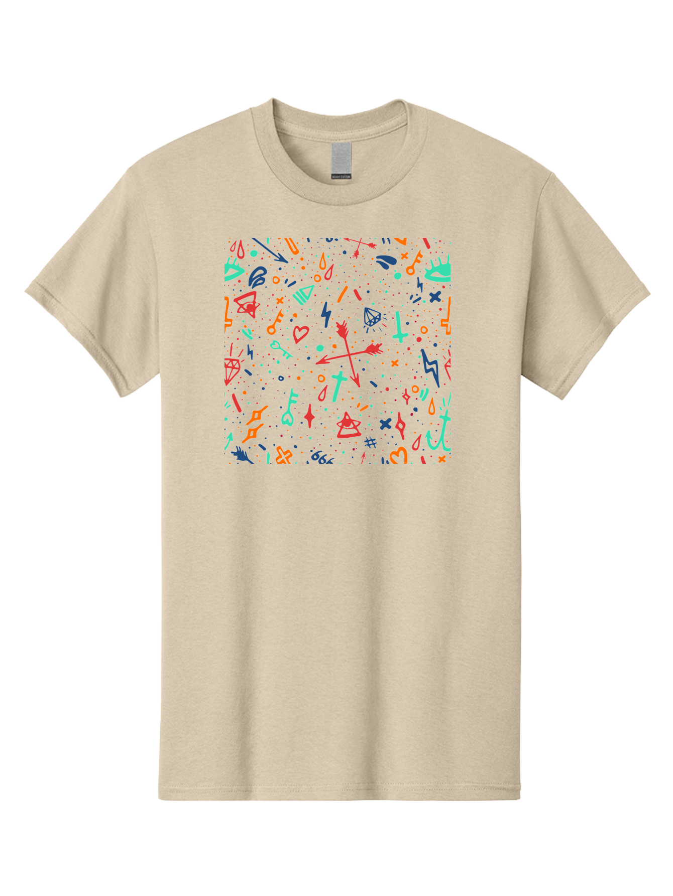 Memphis-Pattern Men'S Graphic Tee, 100% Cotton, Comfortable Casual Summer Wear, Machine Washable, Symbolic Patterns, Mystical Symbols, Occult Designs, Magical Elements, Daggers, Keys, Hearts, Stars, Mystical Themes, Spiritual Motifs, Aac405 21