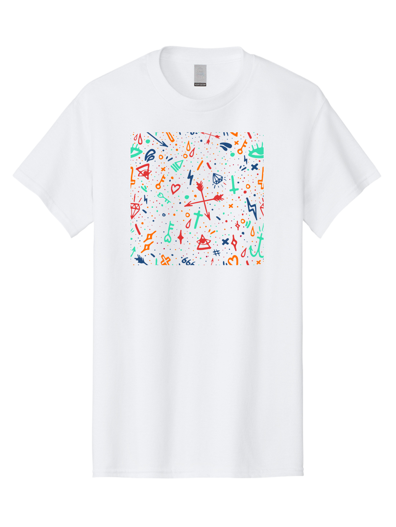 Memphis-Pattern Men'S Graphic Tee, 100% Cotton, Comfortable Casual Summer Wear, Machine Washable, Symbolic Patterns, Mystical Symbols, Occult Designs, Magical Elements, Daggers, Keys, Hearts, Stars, Mystical Themes, Spiritual Motifs, Aac405 25