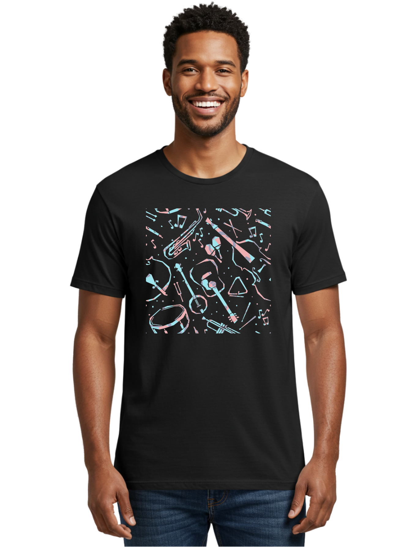Music-Instruments-Pattern-1 Men'S Graphic Tee, 100% Cotton, Comfortable Casual Summer Wear, Machine Washable, Music Instruments, Musical Notes, Guitar, Saxophone, Trumpet, Drum, Violin, Abstract Art, Creative Design, Musical Elements, Aac407 26