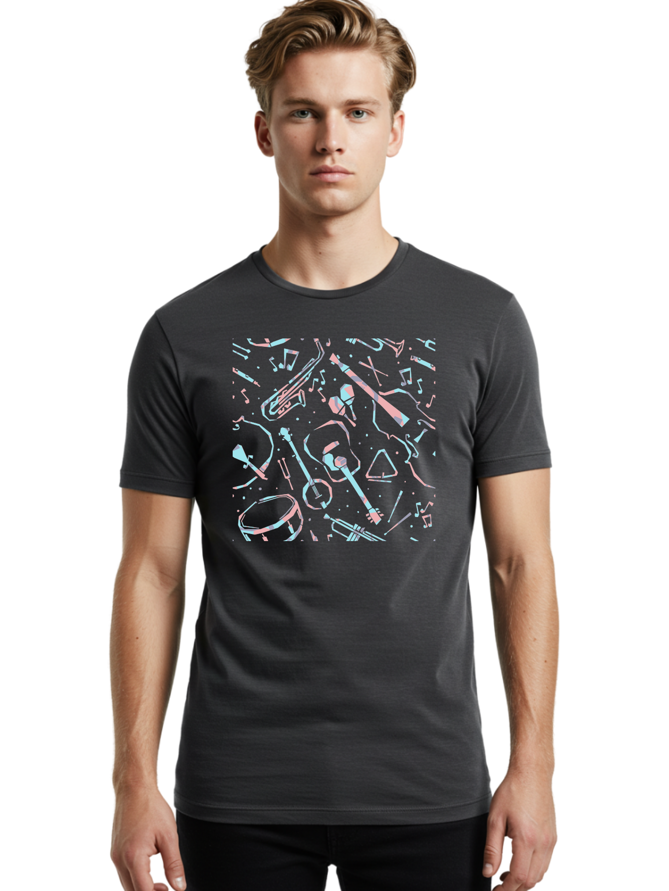 Music-Instruments-Pattern-1 Men'S Graphic Tee, 100% Cotton, Comfortable Casual Summer Wear, Machine Washable, Music Instruments, Musical Notes, Guitar, Saxophone, Trumpet, Drum, Violin, Abstract Art, Creative Design, Musical Elements, Aac407 6