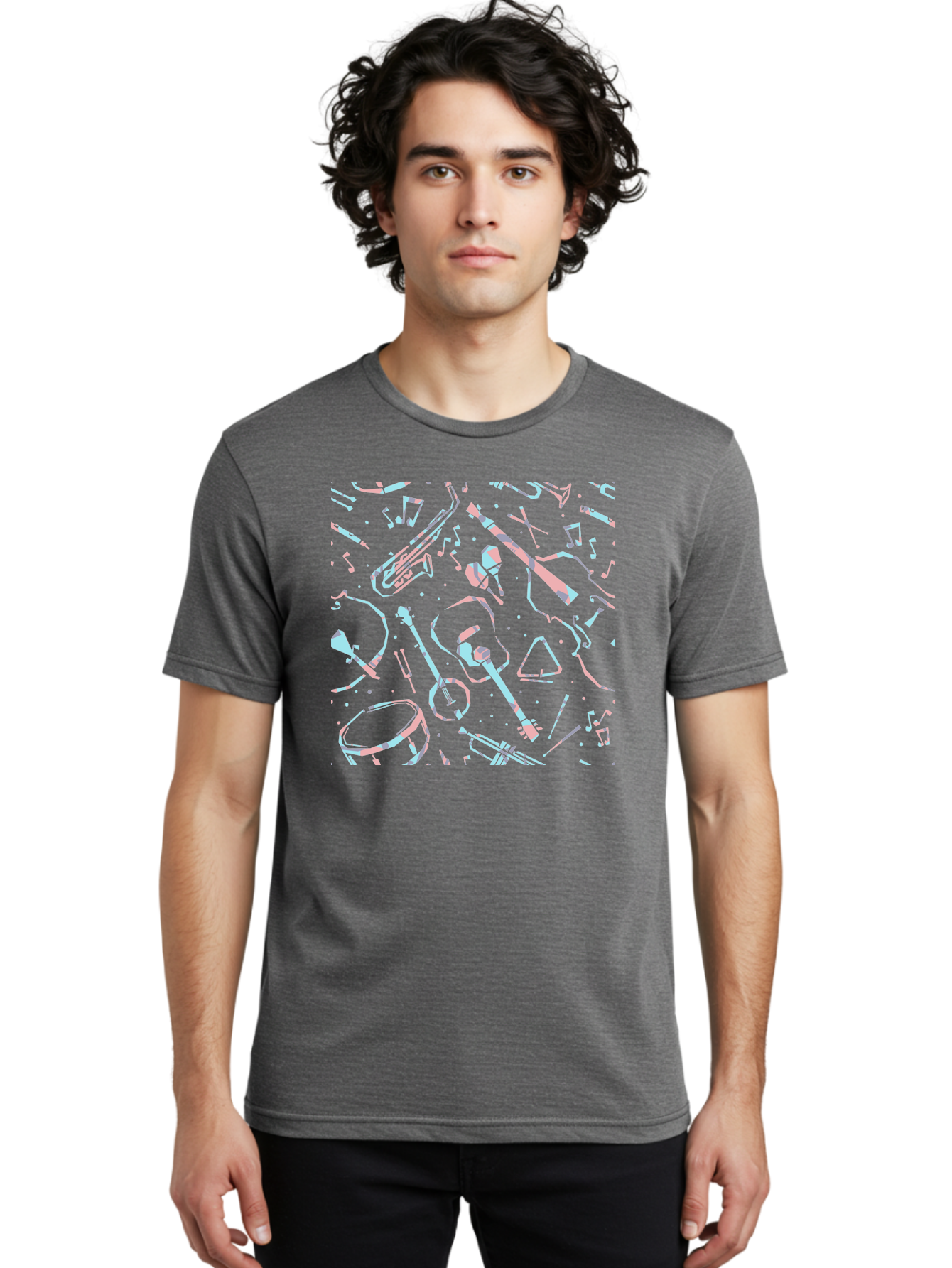 Music-Instruments-Pattern-1 Men'S Graphic Tee, 100% Cotton, Comfortable Casual Summer Wear, Machine Washable, Music Instruments, Musical Notes, Guitar, Saxophone, Trumpet, Drum, Violin, Abstract Art, Creative Design, Musical Elements, Aac407 30