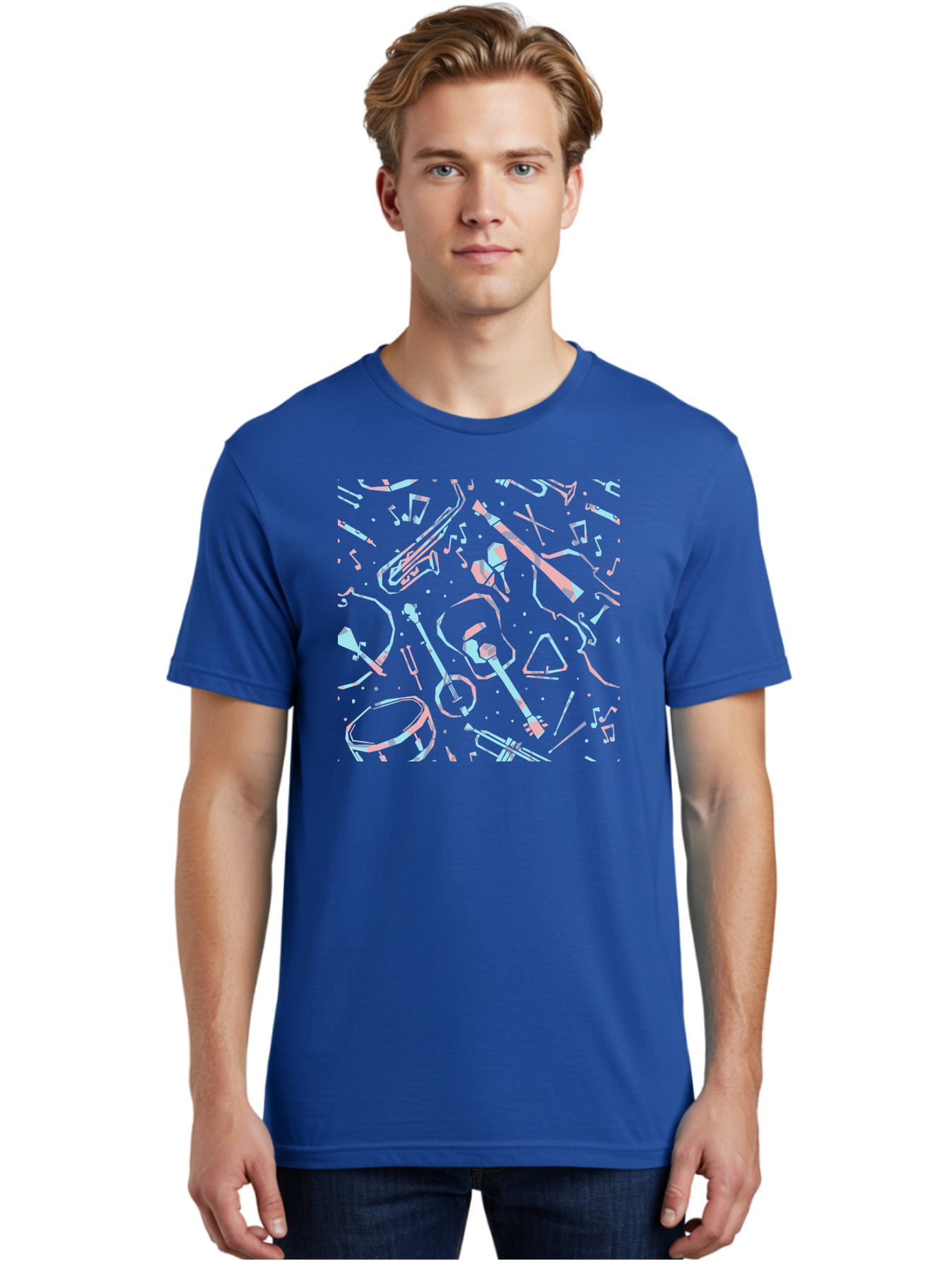 Music-Instruments-Pattern-1 Men'S Graphic Tee, 100% Cotton, Comfortable Casual Summer Wear, Machine Washable, Music Instruments, Musical Notes, Guitar, Saxophone, Trumpet, Drum, Violin, Abstract Art, Creative Design, Musical Elements, Aac407 18