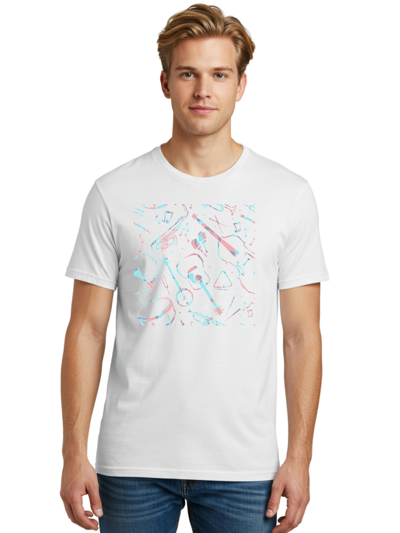 Music-Instruments-Pattern-1 Men'S Graphic Tee, 100% Cotton, Comfortable Casual Summer Wear, Machine Washable, Music Instruments, Musical Notes, Guitar, Saxophone, Trumpet, Drum, Violin, Abstract Art, Creative Design, Musical Elements, Aac407 14