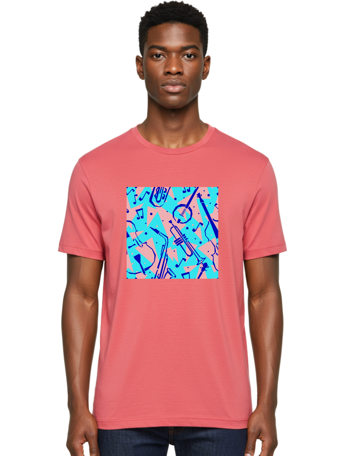 Music-Instruments-Pattern Men'S Graphic Tee, 100% Cotton, Comfortable Casual Summer Wear, Machine Washable, Musical Instruments, Jazz Instruments, Trumpet, Saxophone, Music Notes, Abstract Pattern, Creative Design, Vibrant Colors, Aac408 8