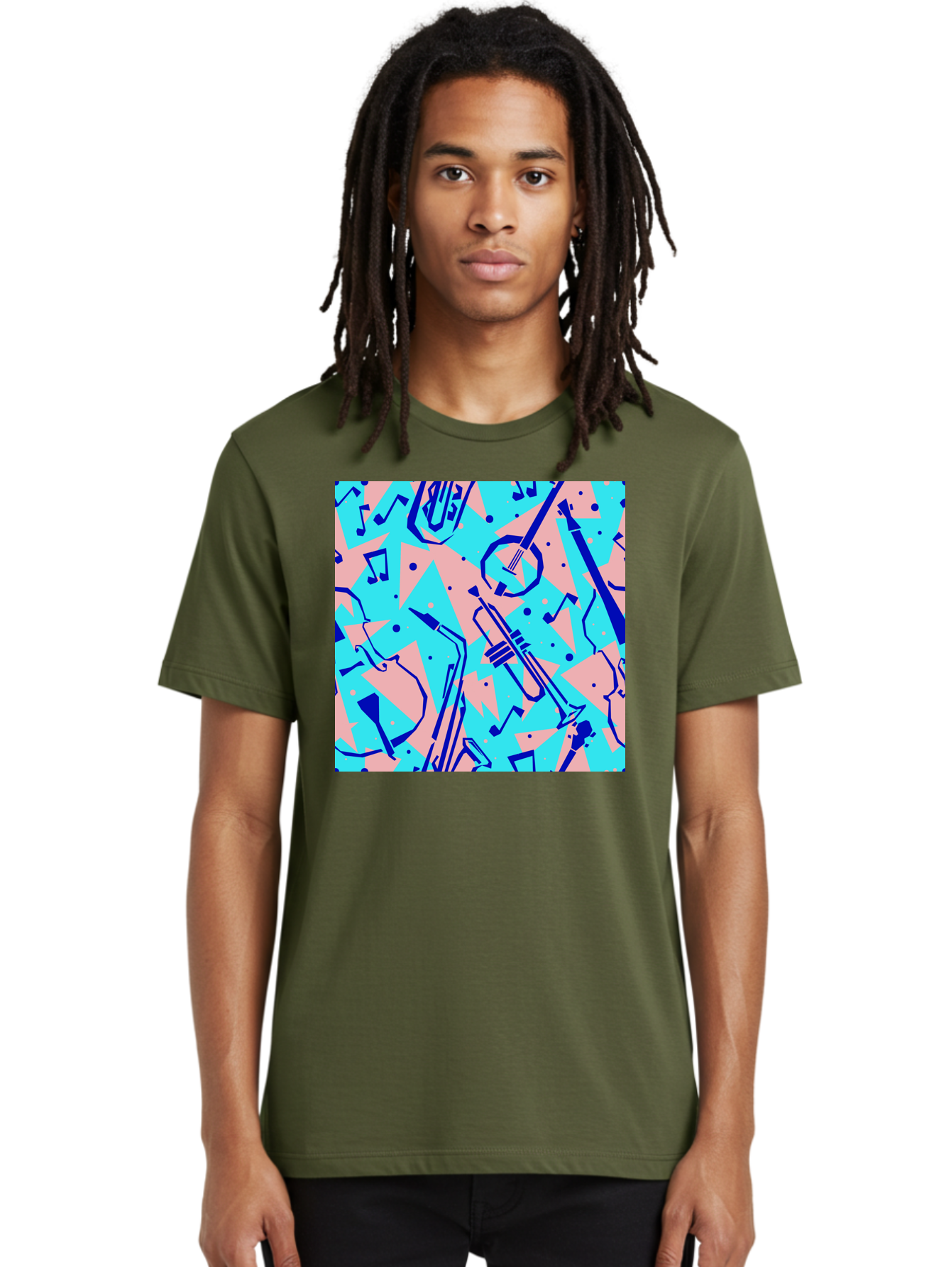 Music-Instruments-Pattern Men'S Graphic Tee, 100% Cotton, Comfortable Casual Summer Wear, Machine Washable, Musical Instruments, Jazz Instruments, Trumpet, Saxophone, Music Notes, Abstract Pattern, Creative Design, Vibrant Colors, Aac408 14