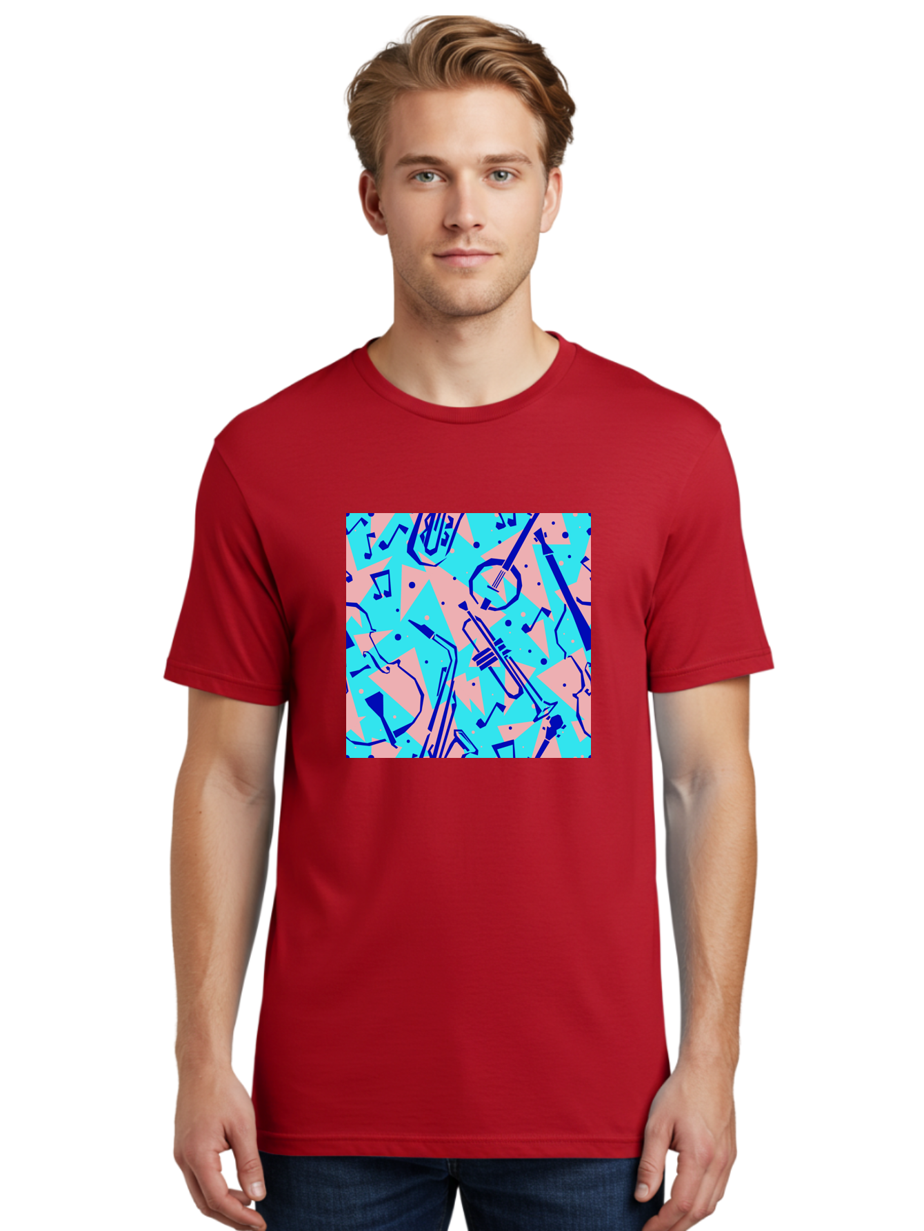 Music-Instruments-Pattern Men'S Graphic Tee, 100% Cotton, Comfortable Casual Summer Wear, Machine Washable, Musical Instruments, Jazz Instruments, Trumpet, Saxophone, Music Notes, Abstract Pattern, Creative Design, Vibrant Colors, Aac408 12