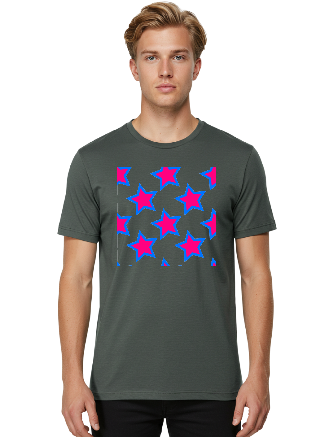 Pink-Stars-Pattern Men'S Graphic Tee, 100% Cotton, Comfortable Casual Summer Wear, Machine Washable, Pink Stars, Blue Outline, Yellow Background, Repeating Pattern, Festive Design, Bright Colors, Fun Graphics, Star Pattern, Aac413 20