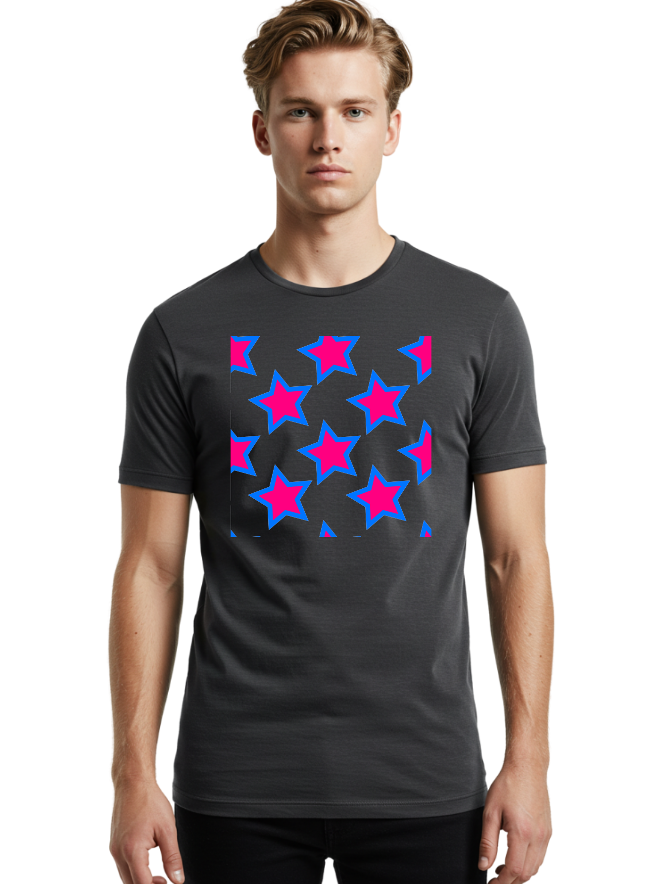 Pink-Stars-Pattern Men'S Graphic Tee, 100% Cotton, Comfortable Casual Summer Wear, Machine Washable, Pink Stars, Blue Outline, Yellow Background, Repeating Pattern, Festive Design, Bright Colors, Fun Graphics, Star Pattern, Aac413 28