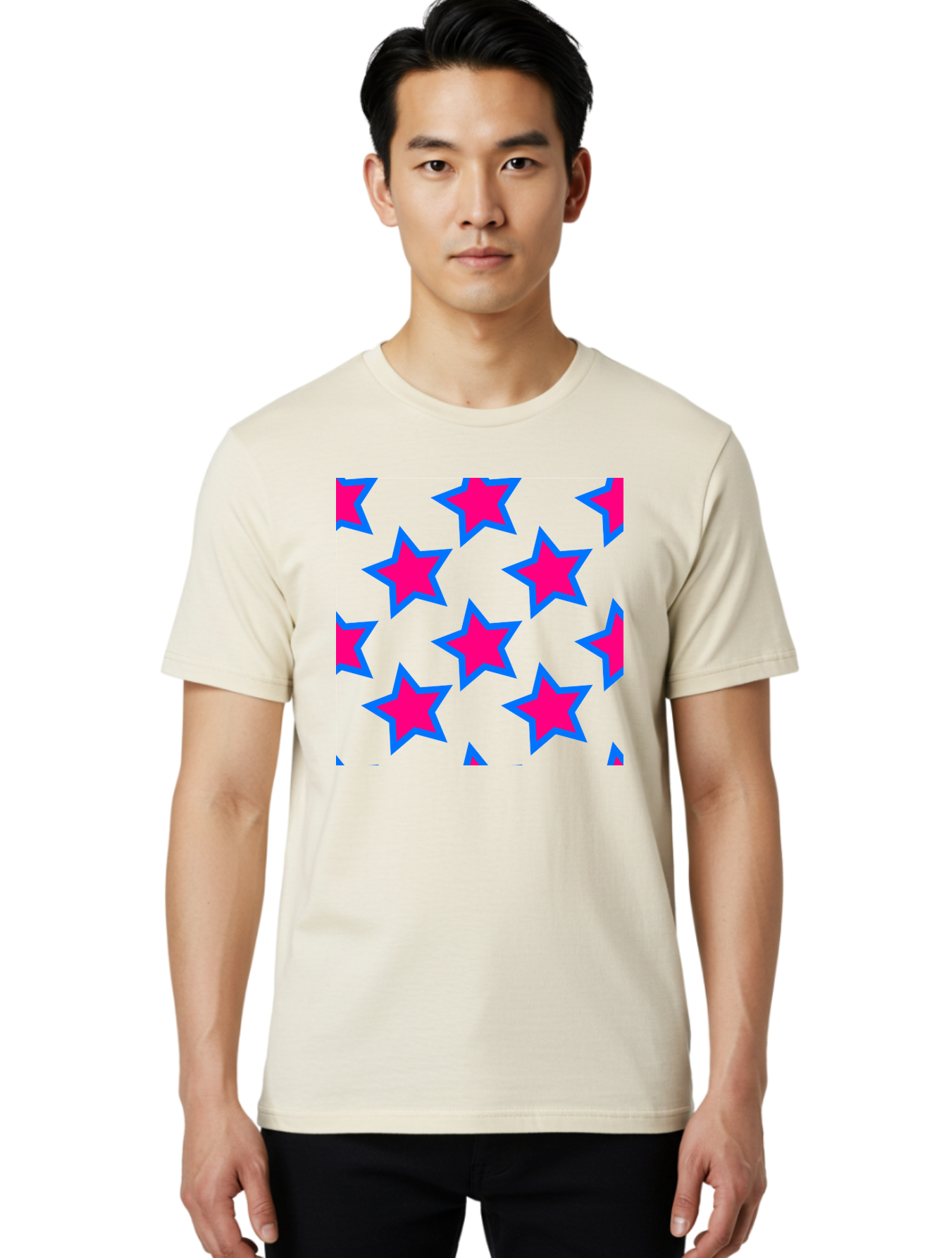 Pink-Stars-Pattern Men'S Graphic Tee, 100% Cotton, Comfortable Casual Summer Wear, Machine Washable, Pink Stars, Blue Outline, Yellow Background, Repeating Pattern, Festive Design, Bright Colors, Fun Graphics, Star Pattern, Aac413 8