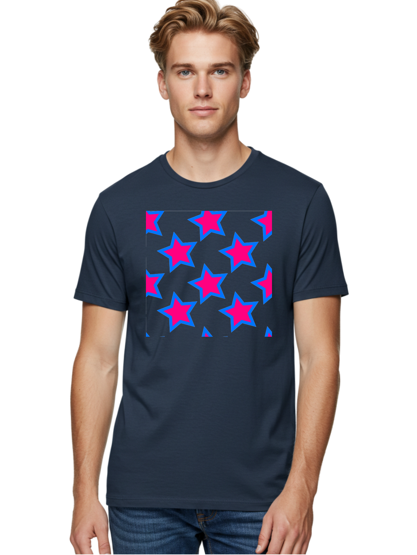 Pink-Stars-Pattern Men'S Graphic Tee, 100% Cotton, Comfortable Casual Summer Wear, Machine Washable, Pink Stars, Blue Outline, Yellow Background, Repeating Pattern, Festive Design, Bright Colors, Fun Graphics, Star Pattern, Aac413 6