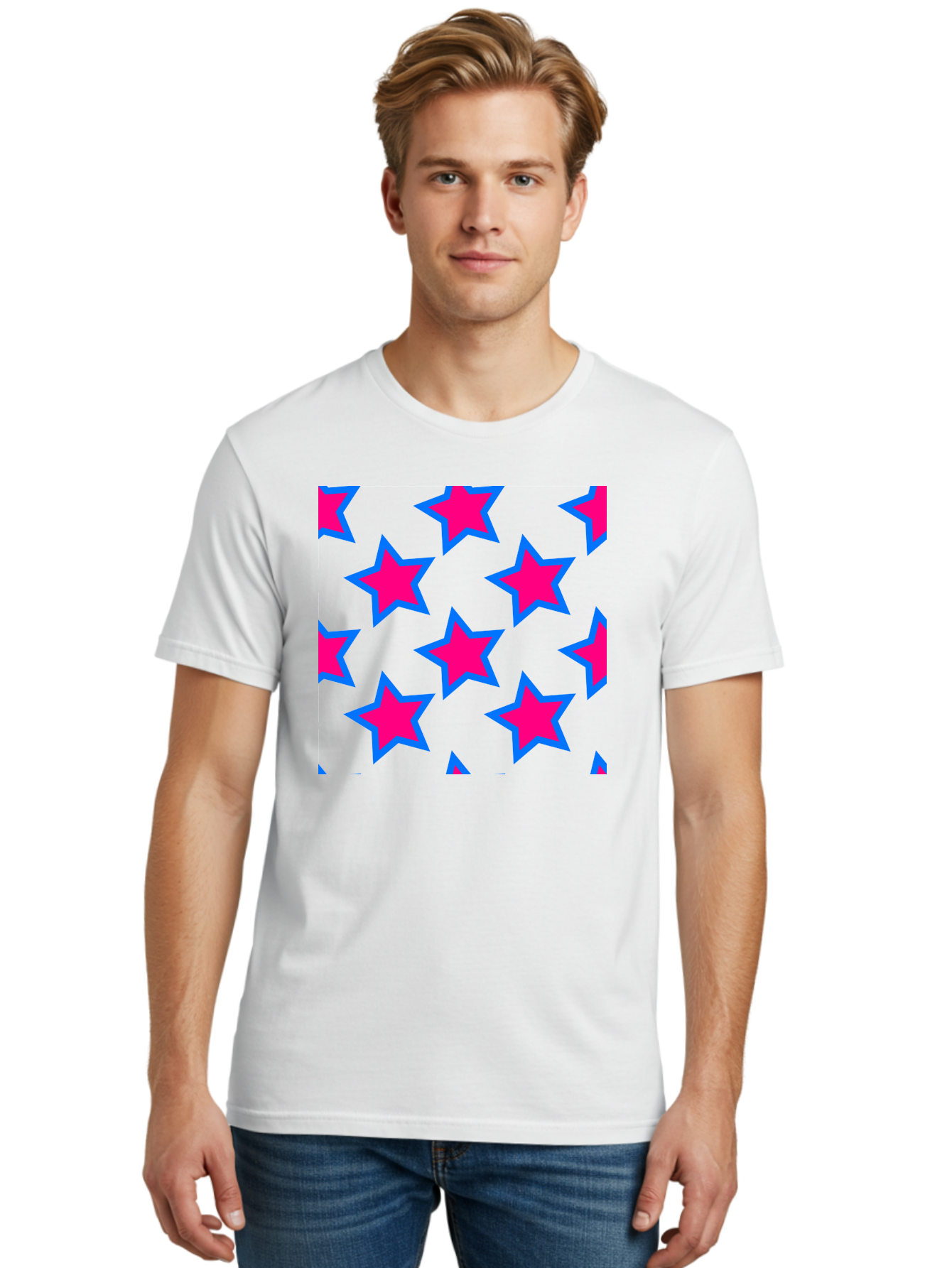 Pink-Stars-Pattern Men'S Graphic Tee, 100% Cotton, Comfortable Casual Summer Wear, Machine Washable, Pink Stars, Blue Outline, Yellow Background, Repeating Pattern, Festive Design, Bright Colors, Fun Graphics, Star Pattern, Aac413 12