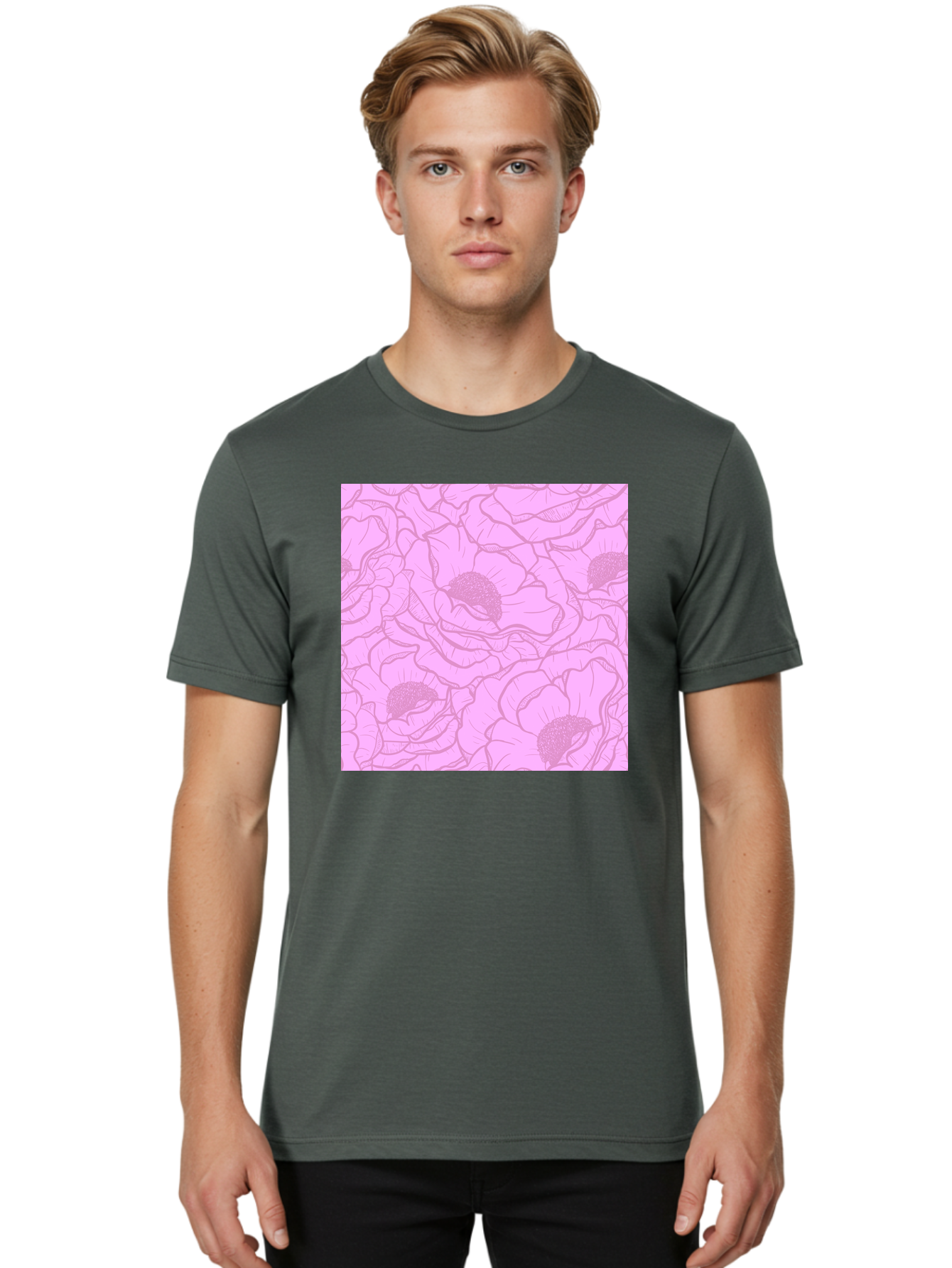 Poppies Men'S Graphic Tee, 100% Cotton, Comfortable Casual Summer Wear, Machine Washable, Pink Flowers, Floral Pattern, Delicate Petals, Intricate Details, Soft Pink Hue, Feminine Design, Bohemian Style, Wallpaper, Pastel Colors, Aac417 8