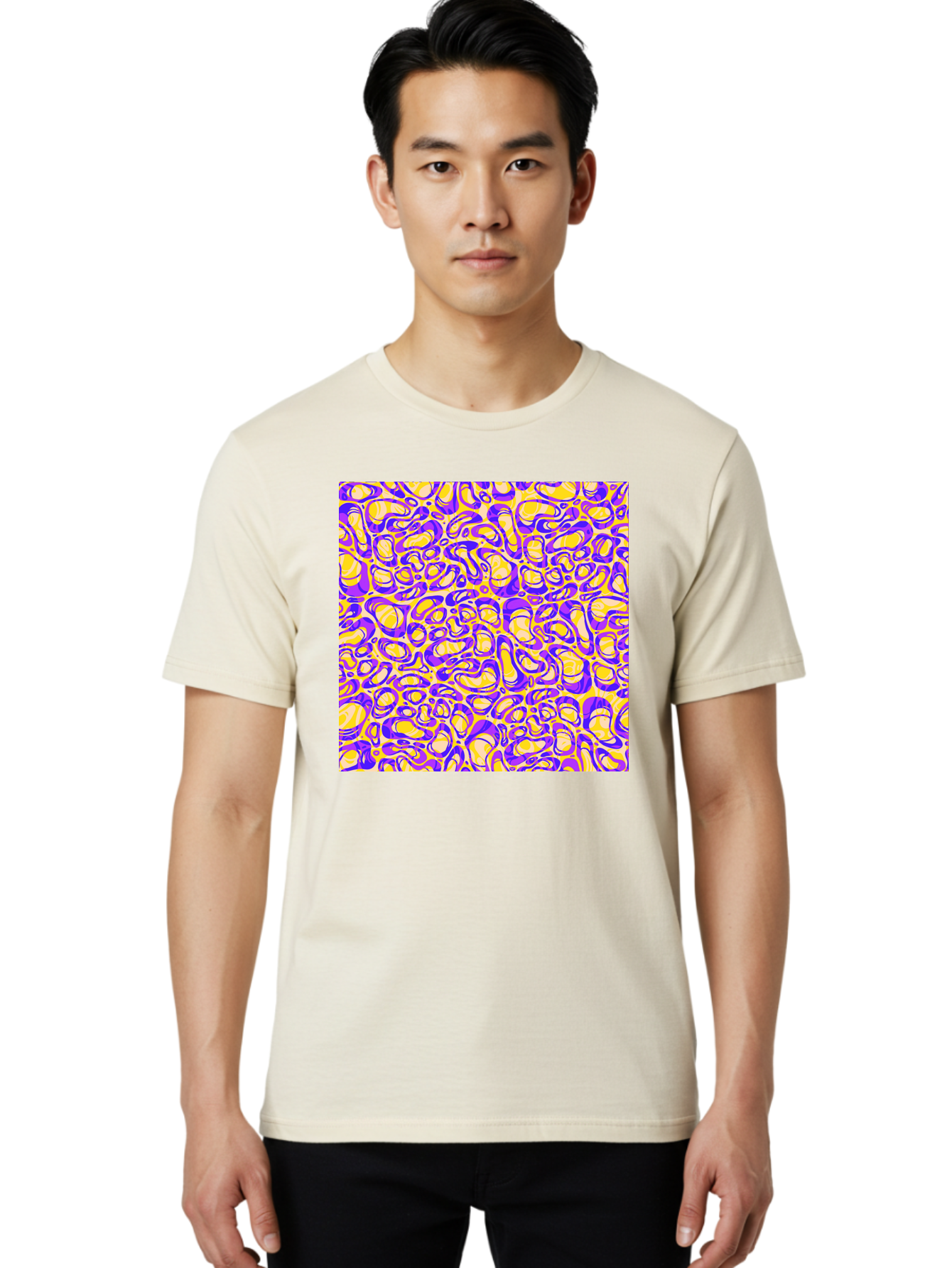 Purple-And-Yellow-Swirl Men'S Graphic Tee, 100% Cotton, Comfortable Casual Summer Wear, Machine Washable, Amethyst And Lemon Swirly Pattern, Abstract Design, Vibrant Purple, Yellow Shapes, Organic Texture, Mesmerizing Visual Effect, Aac418 30