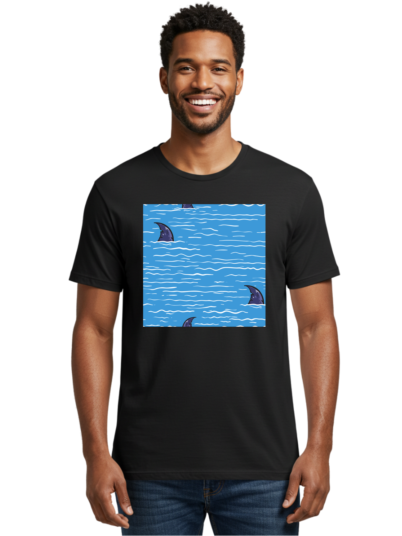 Shark-Fins Men'S Graphic Tee, 100% Cotton, Comfortable Casual Summer Wear, Machine Washable, Shark Fins In Water, Ocean Fins, Shark Attack, Marine Life, Blue Ocean, Wavy Sea, Shark Danger, Aquatic Scene Aac420 4