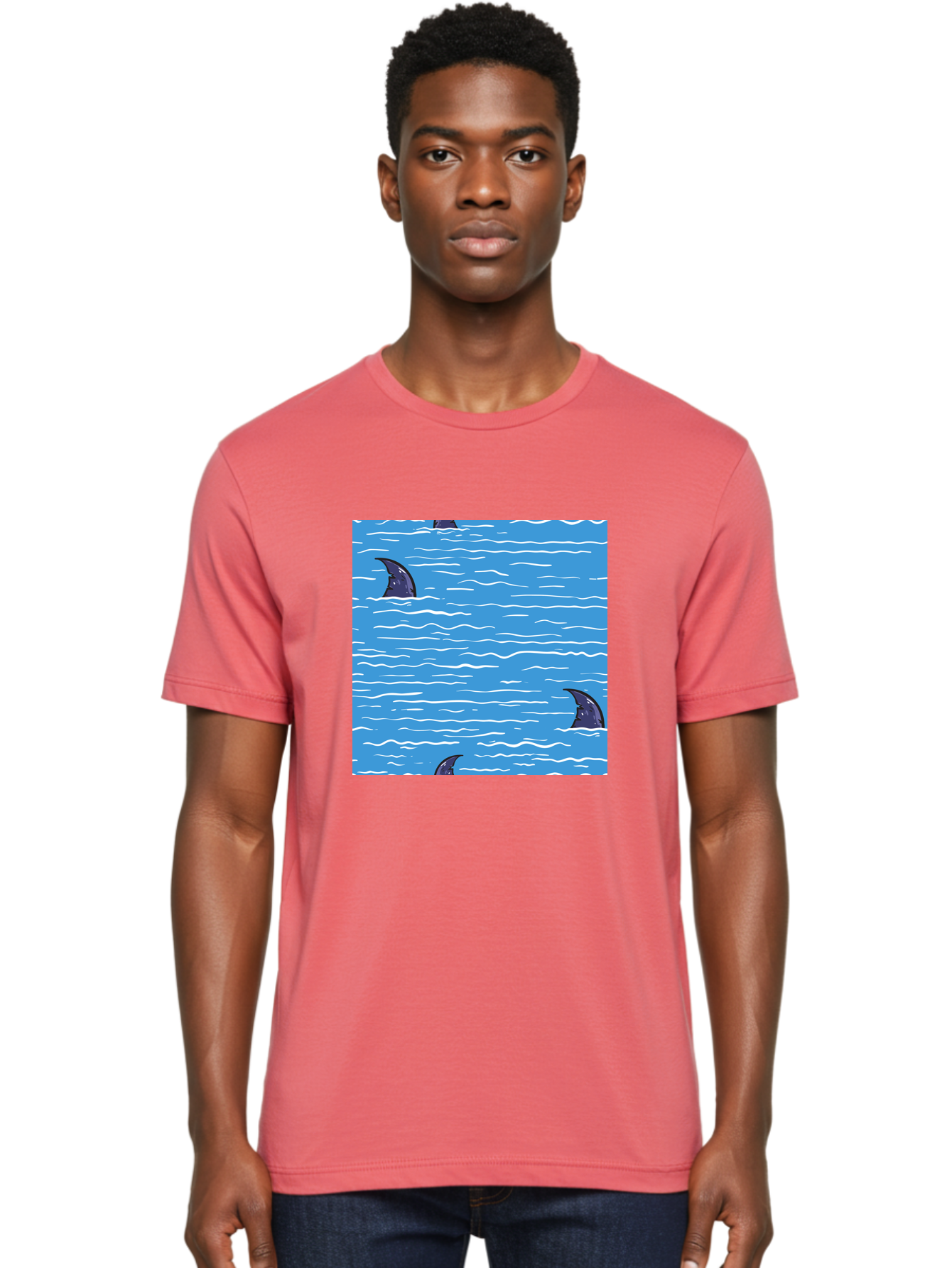 Shark-Fins Men'S Graphic Tee, 100% Cotton, Comfortable Casual Summer Wear, Machine Washable, Shark Fins In Water, Ocean Fins, Shark Attack, Marine Life, Blue Ocean, Wavy Sea, Shark Danger, Aquatic Scene Aac420 6
