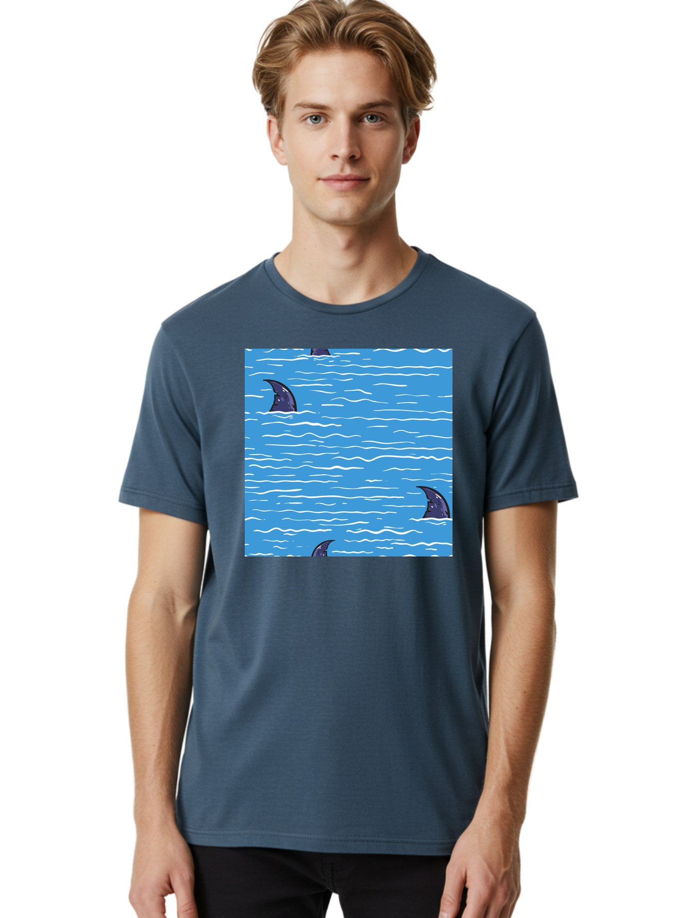 Shark-Fins Men'S Graphic Tee, 100% Cotton, Comfortable Casual Summer Wear, Machine Washable, Shark Fins In Water, Ocean Fins, Shark Attack, Marine Life, Blue Ocean, Wavy Sea, Shark Danger, Aquatic Scene Aac420 18