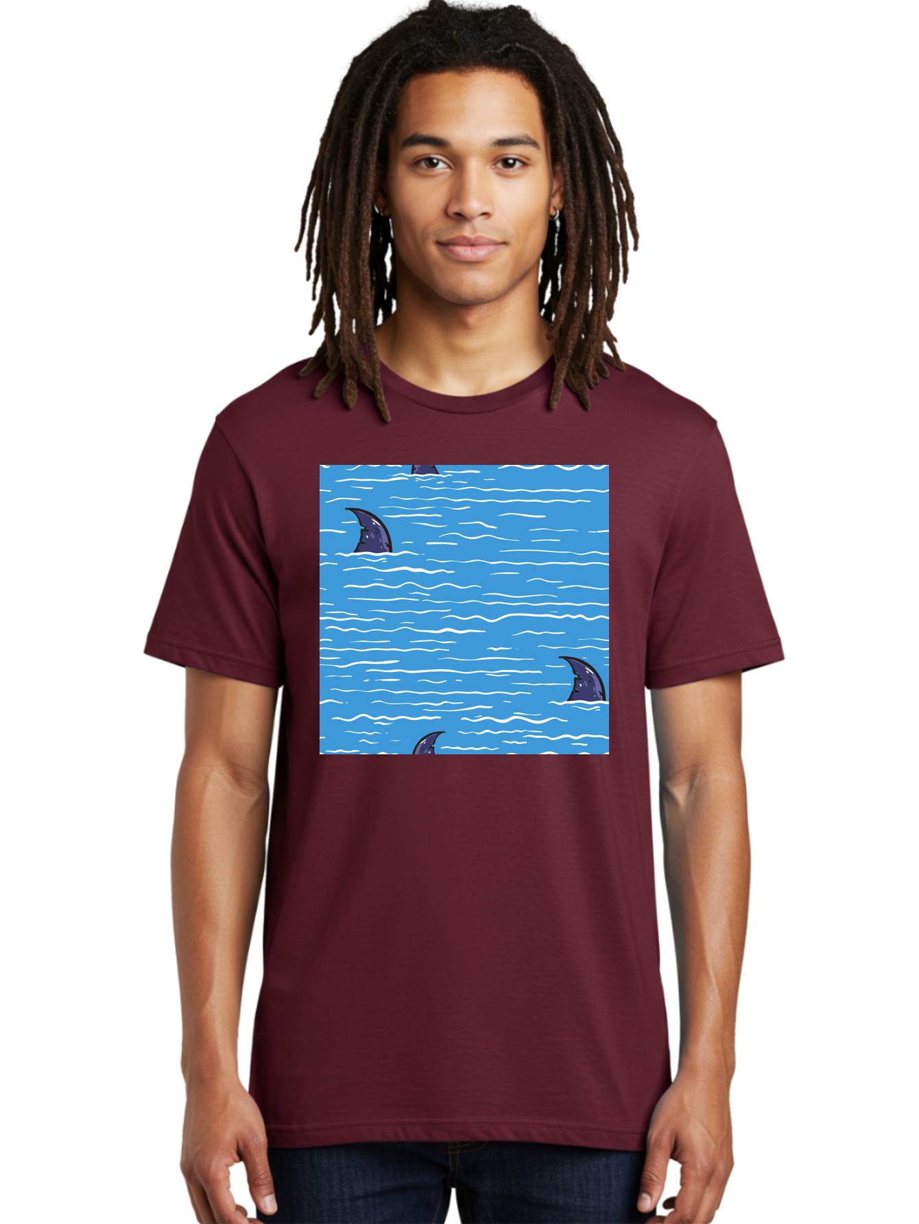 Shark-Fins Men'S Graphic Tee, 100% Cotton, Comfortable Casual Summer Wear, Machine Washable, Shark Fins In Water, Ocean Fins, Shark Attack, Marine Life, Blue Ocean, Wavy Sea, Shark Danger, Aquatic Scene Aac420 10
