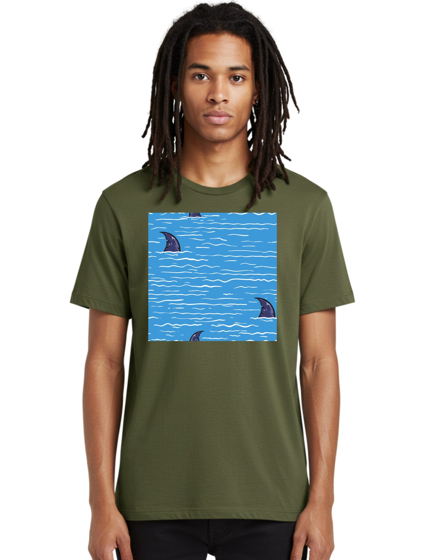 Shark-Fins Men'S Graphic Tee, 100% Cotton, Comfortable Casual Summer Wear, Machine Washable, Shark Fins In Water, Ocean Fins, Shark Attack, Marine Life, Blue Ocean, Wavy Sea, Shark Danger, Aquatic Scene Aac420 20