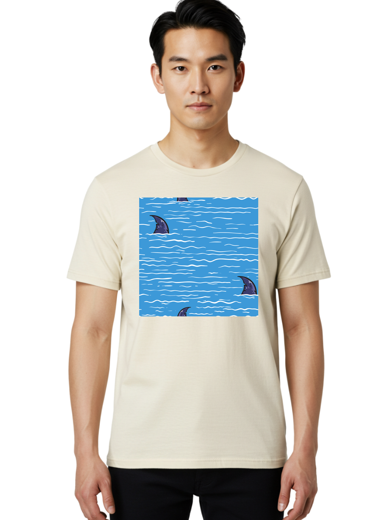 Shark-Fins Men'S Graphic Tee, 100% Cotton, Comfortable Casual Summer Wear, Machine Washable, Shark Fins In Water, Ocean Fins, Shark Attack, Marine Life, Blue Ocean, Wavy Sea, Shark Danger, Aquatic Scene Aac420 12